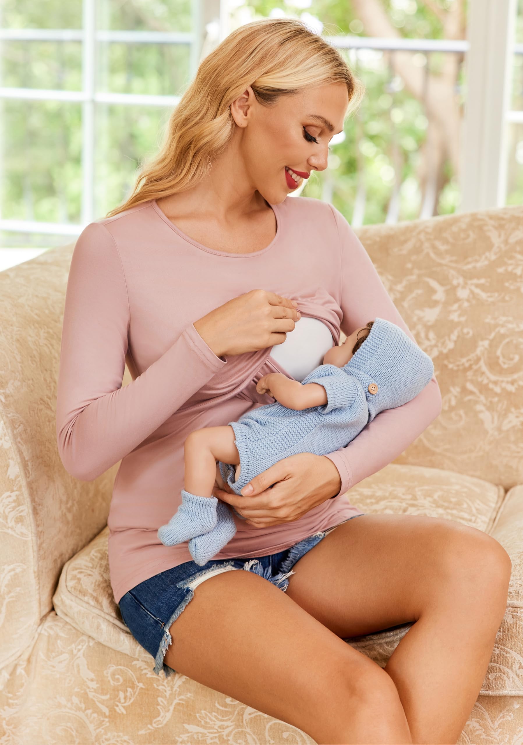 Ekouaer 3 Pack Women's Nursing Shirts - Long Sleeve Maternity Tops with Double Layer for Breastfeeding, Round Neck Pregnancy Blouse - Perfect for Nursing, Pumping & Comfortable Everyday Wear