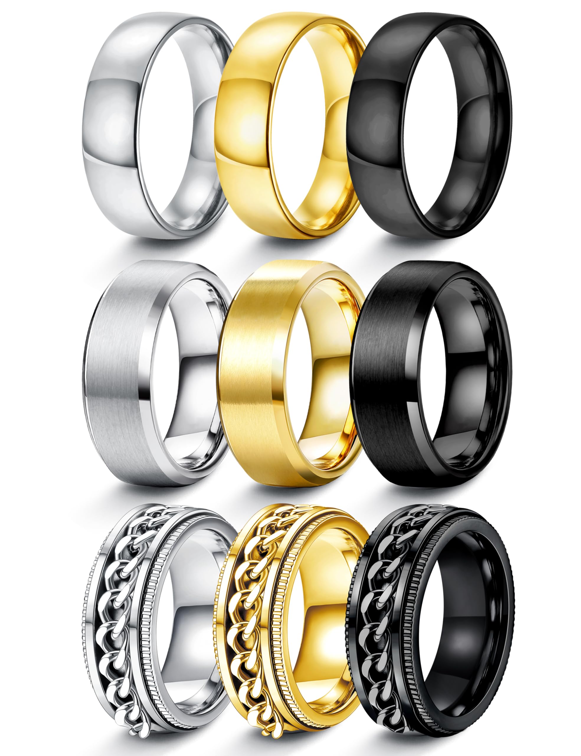 FIASASO 9Pcs Stainless Steel Wedding Band Rings for Men - 8MM Width, Silver Black Gold Engagement Rings Set, Sizes 6-14 - Perfect for Weddings, Anniversaries, Proposals & Everyday Wear