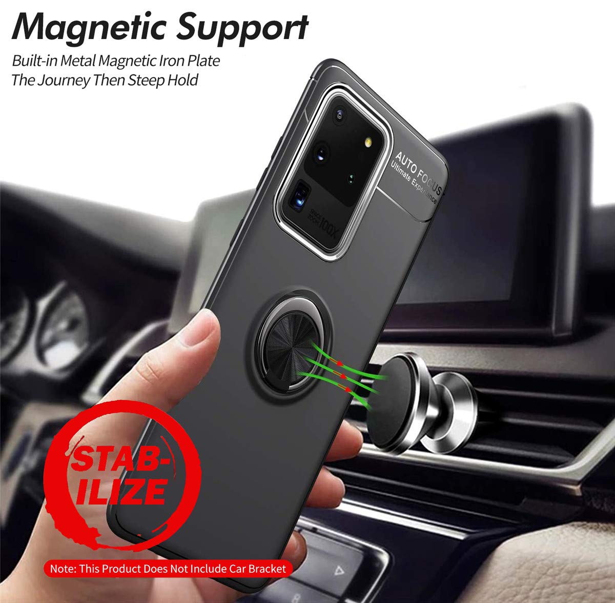 Samsung Galaxy Note 20 Ultra Case with Rotatable Metal Ring Kickstand & Magnetic Car Mount - Shockproof Anti-Scratch Ultra-Slim Protective Cover (Black) - Perfect for Work, Travel & Daily Use
