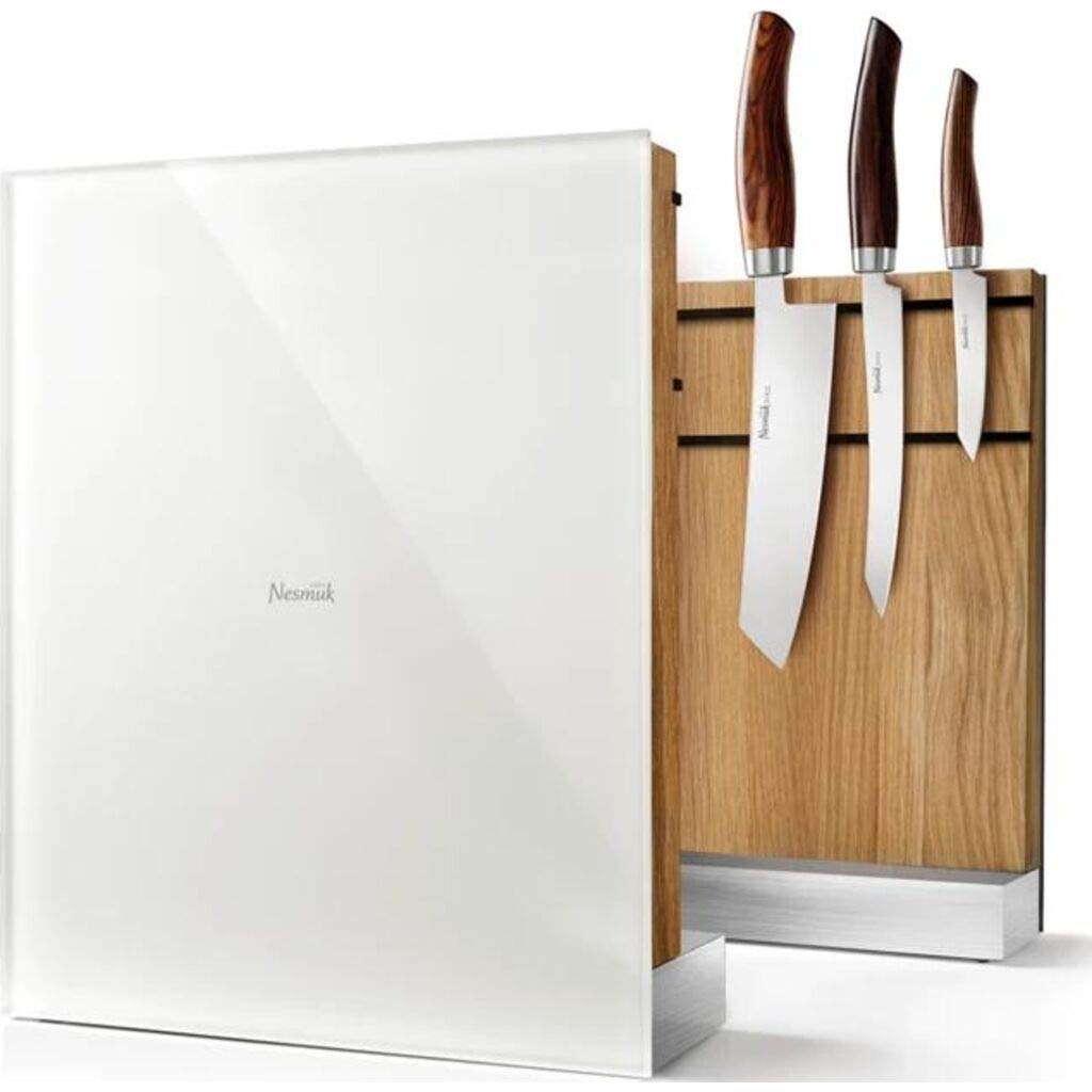 Natural Oak Wood and White Glass Knife Holder - Stylish and Functional Kitchen Organizer for Knives, Utensils, and Countertop Storage