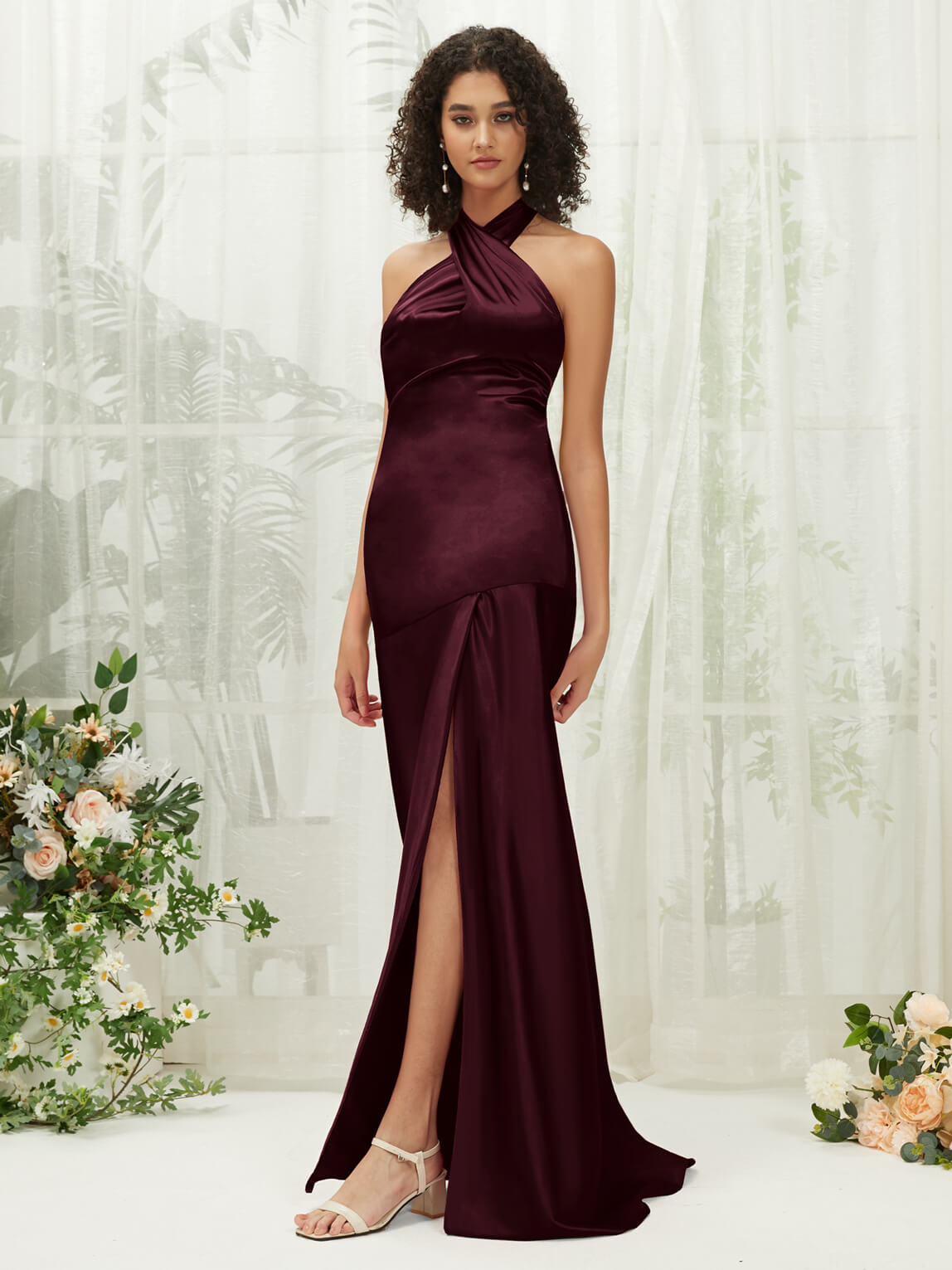 Elegant Cabernet Satin Halter Neck Sleeveless Maxi Dress with High Slit - Perfect for Bridesmaids, Evening Gowns & Formal Events