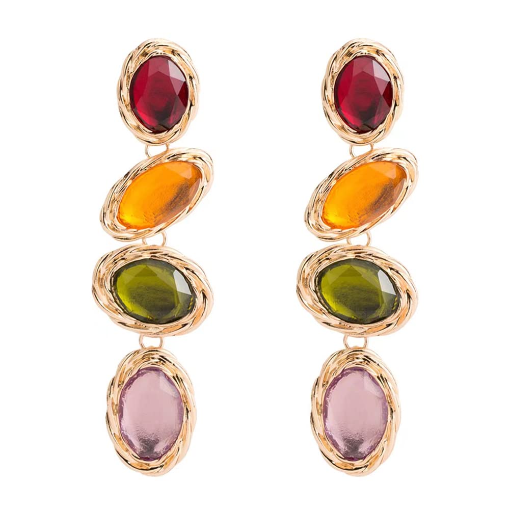 Boho Style Exaggerated Colorful Large Rhinestone Earrings - Retro Creative Irregular Geometric Multicolor Gemstone Dangle Earrings for Women & Girls | Perfect for Parties, Weddings & Festive Occasions