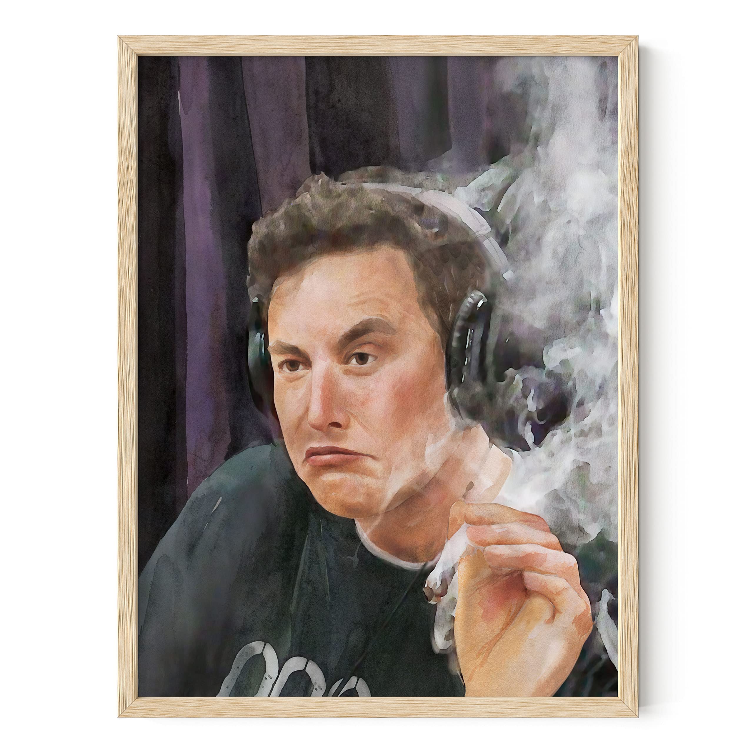 Elon Musk Smoking Framed Wall Art - Funny Meme Poster for Men's Bedroom Decor, Trippy Room Aesthetic (12x16 Inches, Beige Frame) | Unique Gift for Tech Lovers & Office Wall Decor