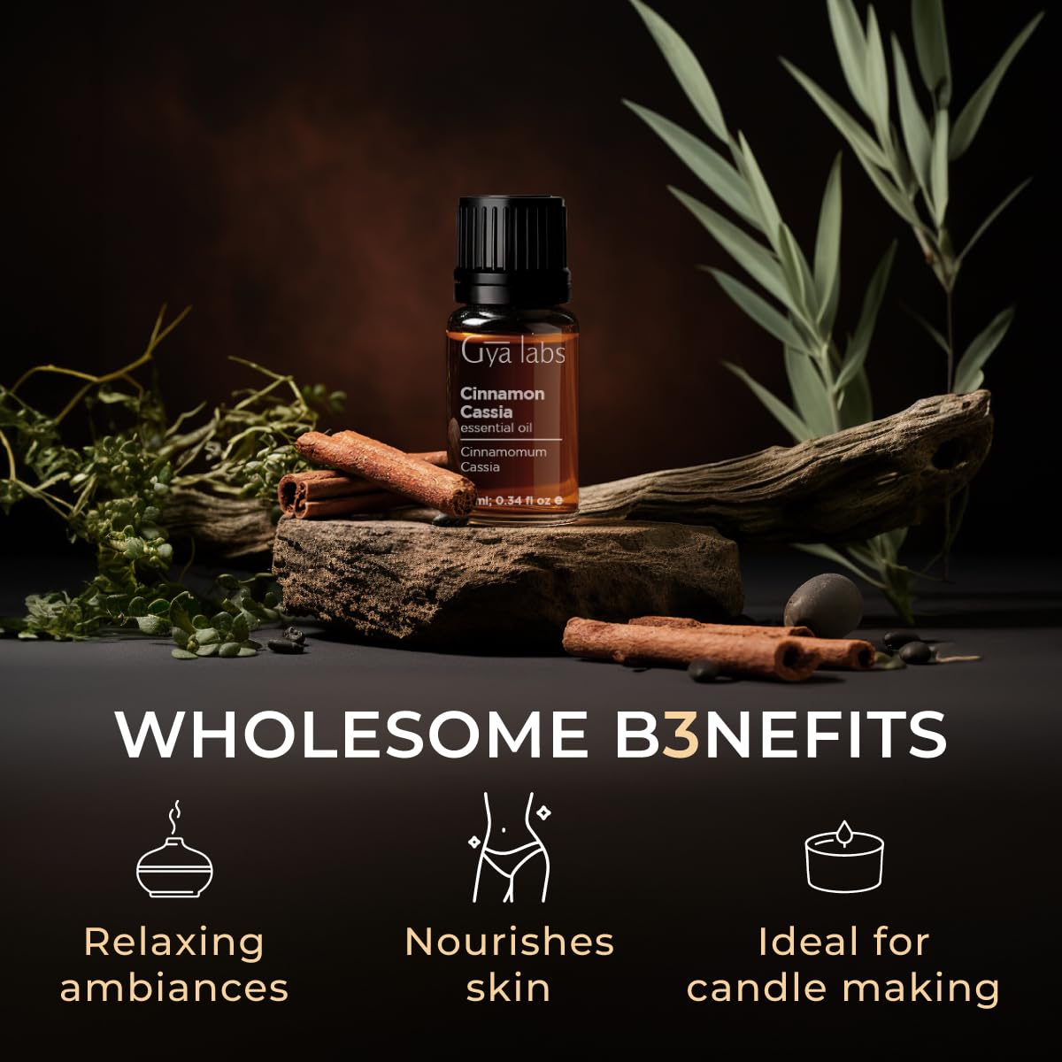 Gya Labs 100% Pure Natural Cinnamon Cassia Essential Oil - 0.34 Fl Oz for Hair Care, Skin Care, Aromatherapy Diffuser, DIY Recipes & Candle Making - Perfect for Relaxation, Spa Days & Home Fragrance