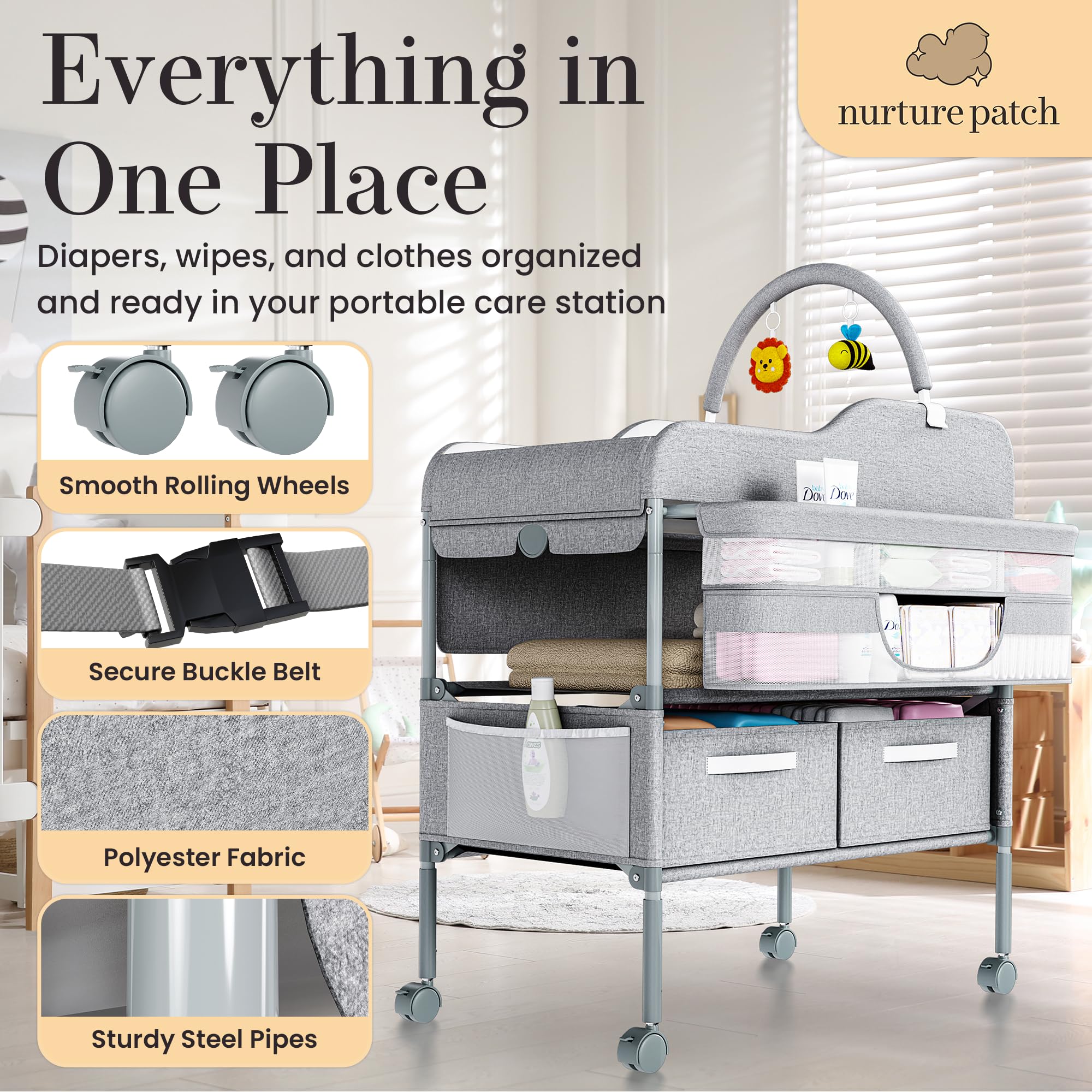 Portable Baby Changing Table with Wheels - Foldable Diaper Changing Station with Toy Holder & Storage Bag | Ideal for Travel, Nursery & On-the-Go Parents | Waterproof & Compact Baby Changing Solution