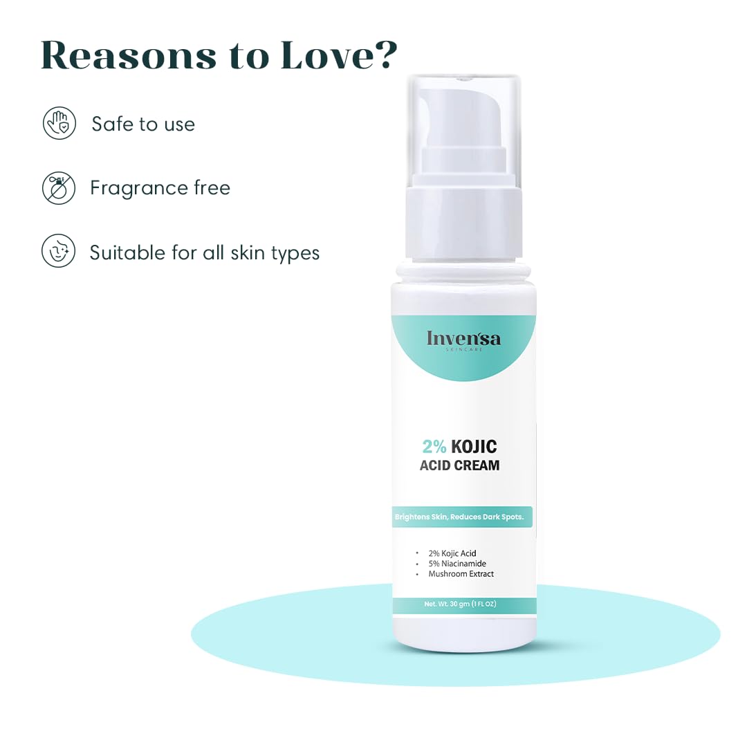Invensa 2% Kojic Acid Face Cream for Pigmentation & Dark Spots - Brightening, Anti-Aging Treatment for Uneven Skin Tone & Sun Damage - Non-Greasy Formula for Men & Women (30g) - Perfect for Daily Skincare Routine & Nighttime Use