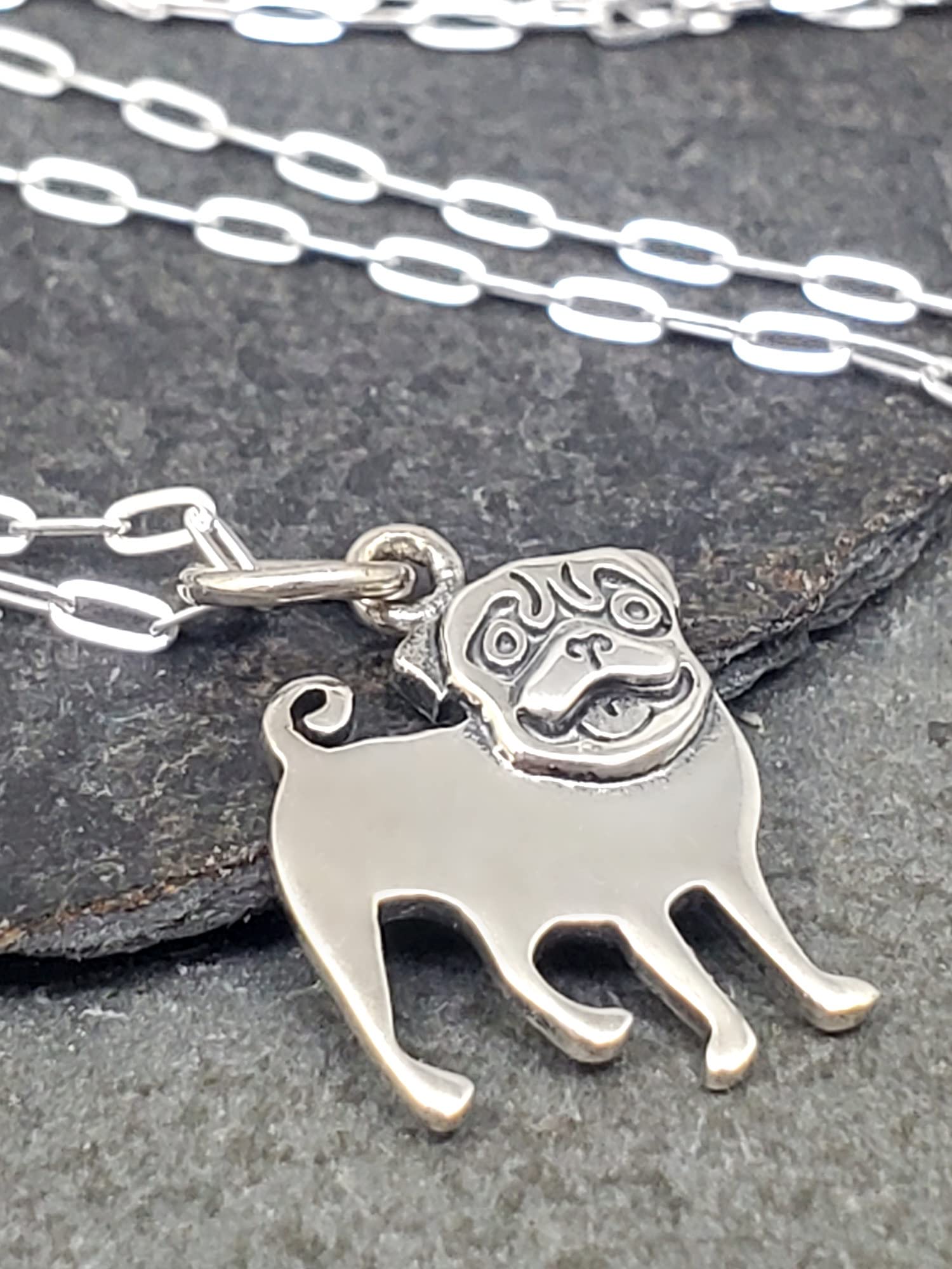Sterling Silver Pug Silhouette Flat Charm Necklace - 18 Inch Dainty Dog Jewelry for Women - Perfect Gift for Pet Lovers & Everyday Wear