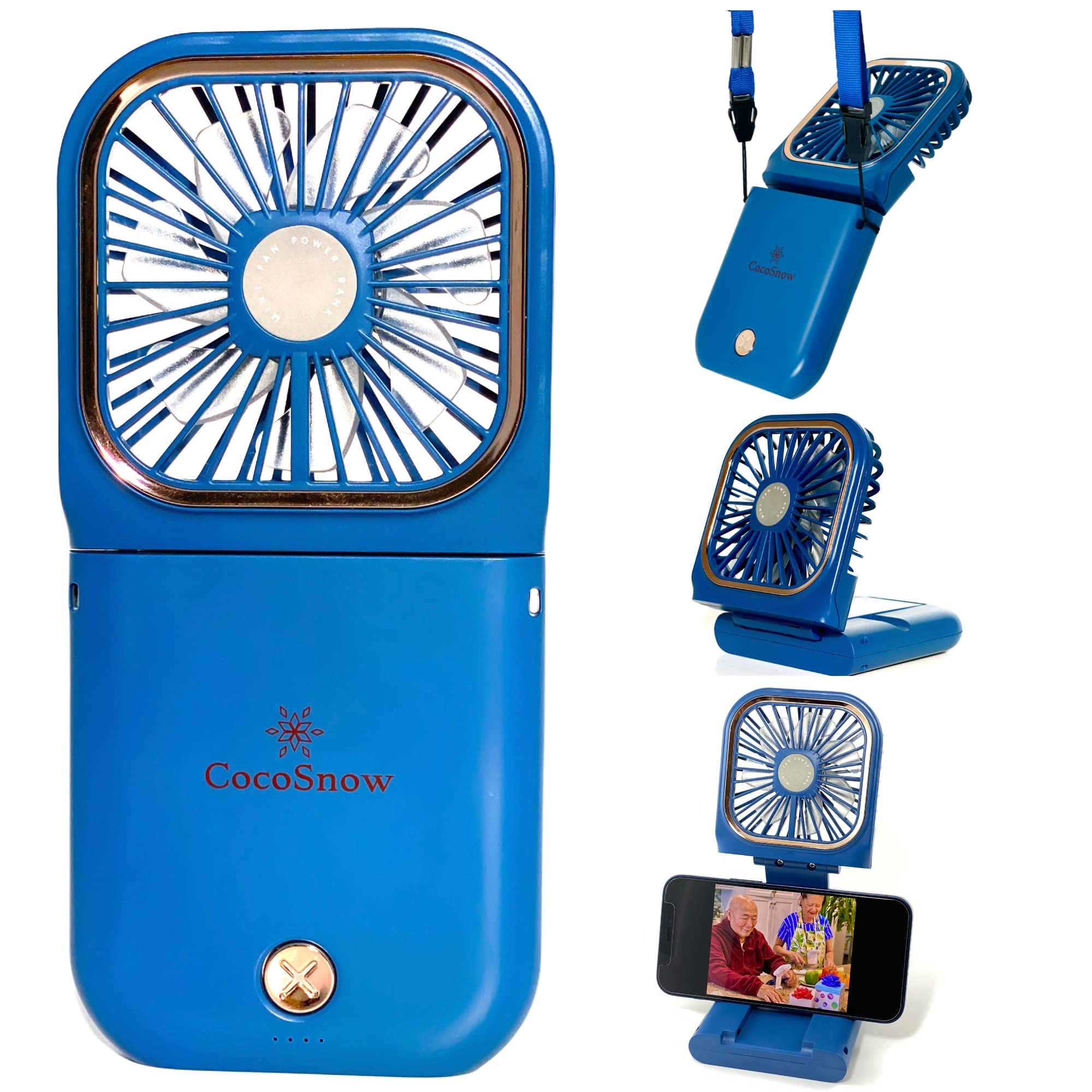 CocoSnow Rechargeable USB Mini Fan with Power Bank - Portable Neck Fan & Phone Charger, Desk Fan with Phone Stand - Perfect for Camping, Travel, Home, Office & Outdoor Activities (Blue)