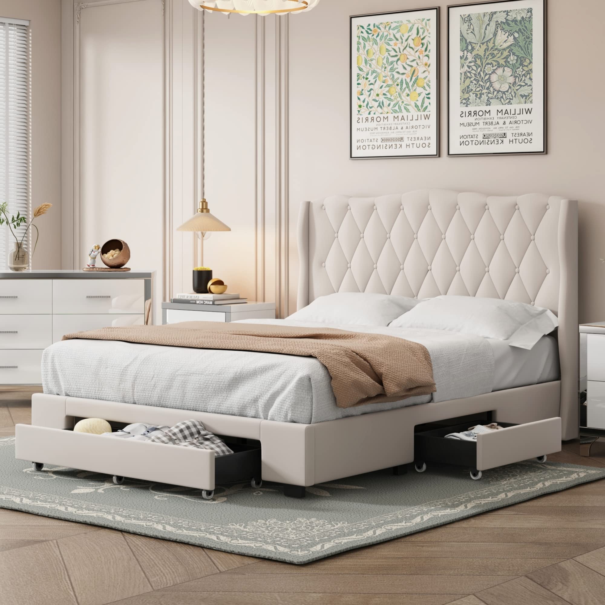 MERITLINE Queen Size Upholstered Platform Bed Frame with Tufted Headboard & 3 Storage Drawers - Wooden Structure, Velvet Fabric, No Box Spring Needed - Perfect for Master Bedroom, Guest Room or Small Space (Beige)