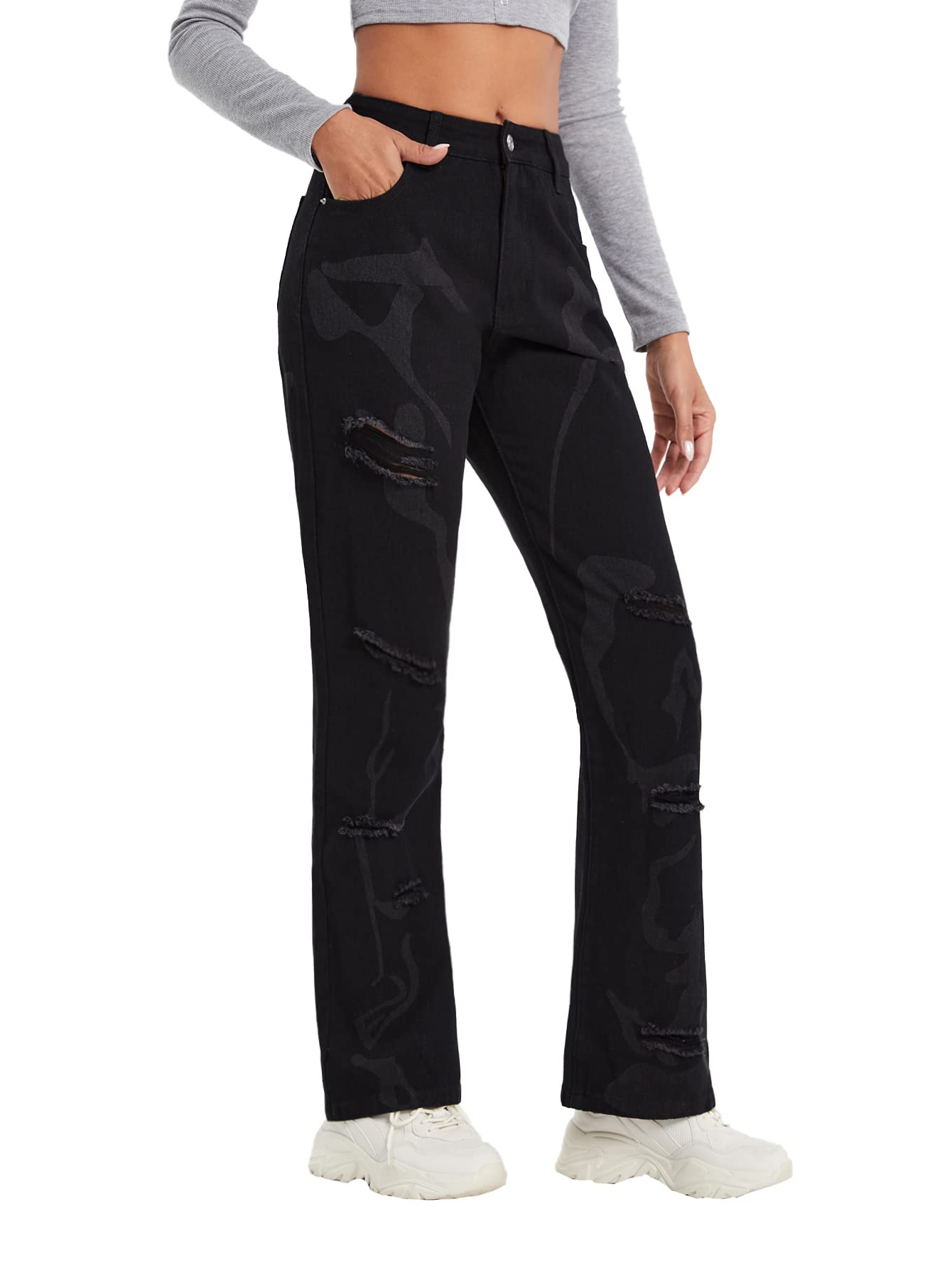 WDIRARA Women's High Waisted Button Ripped Distressed Jeans - Casual Denim Pants for Everyday Wear, Street Style & Outfits | Stretch Comfort Fit for Plus Size & Petite