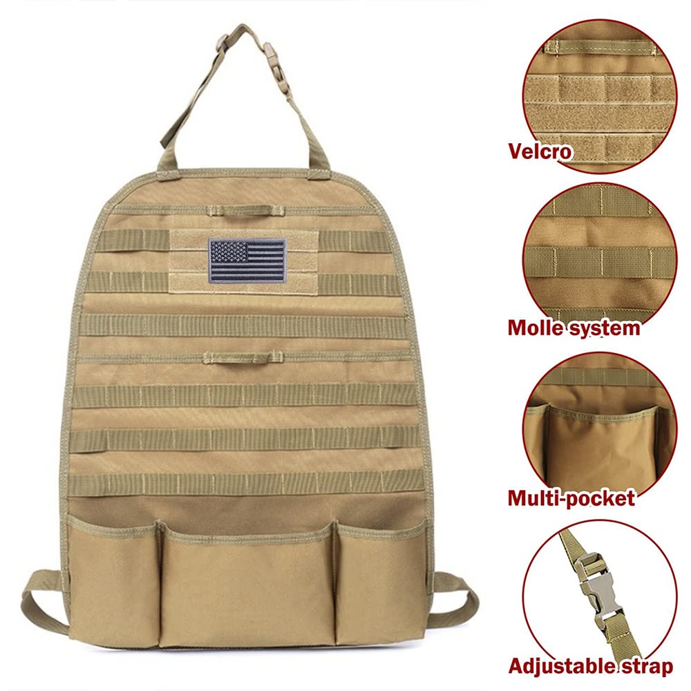 Tactical MOLLE Nylon Car Seat Back Organizer - Universal Fit Vehicle Panel Backseat Cover Protector (Tan) - Perfect for Road Trips, Camping & Outdoor Adventures