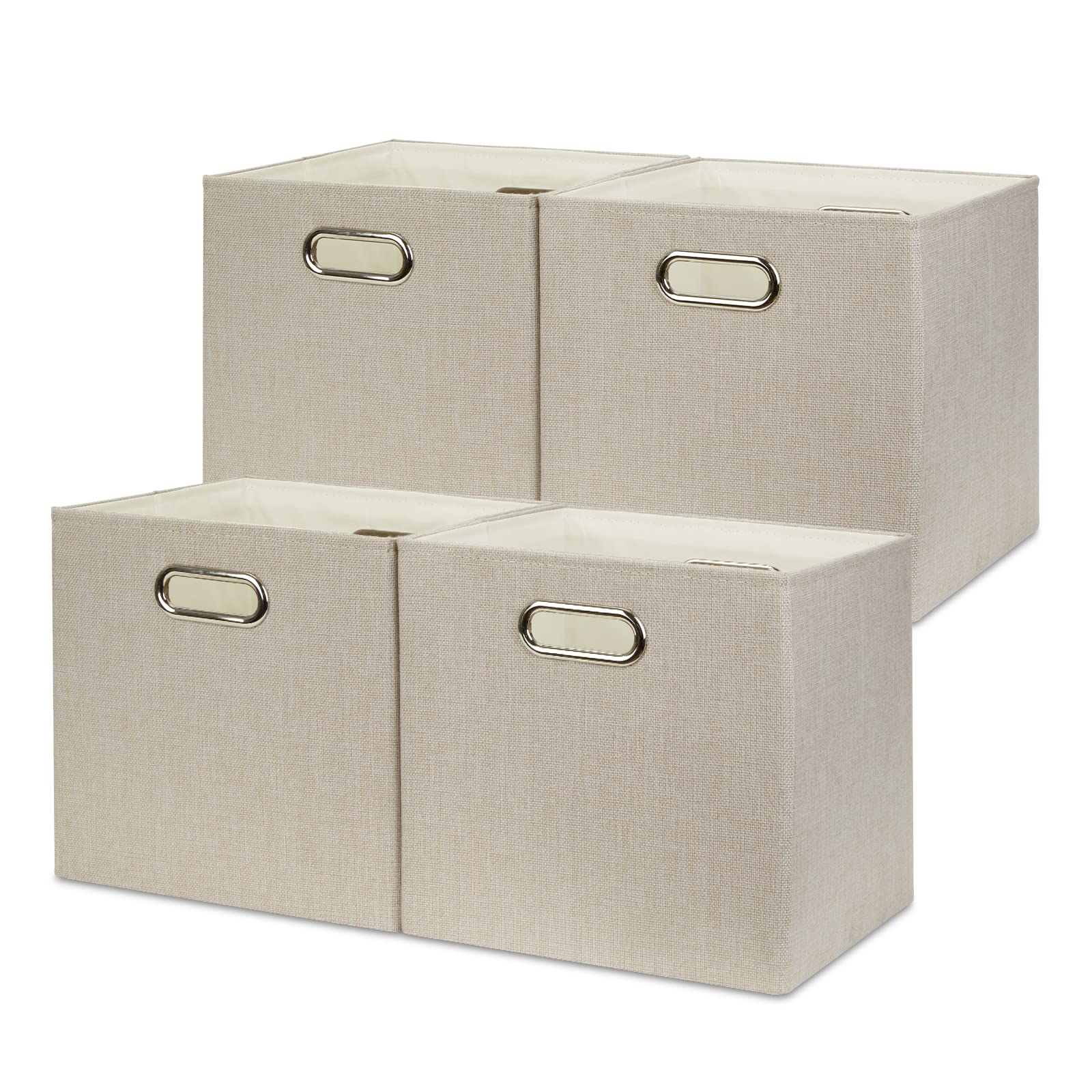 Temary 4-Pack Foldable Fabric Storage Cubes 11x11x11 Inches with Handles - Beige Closet Organizer Bins, Nursery Toy Storage Boxes & Shelf Baskets for Kids Room, Bedroom, Office Organization