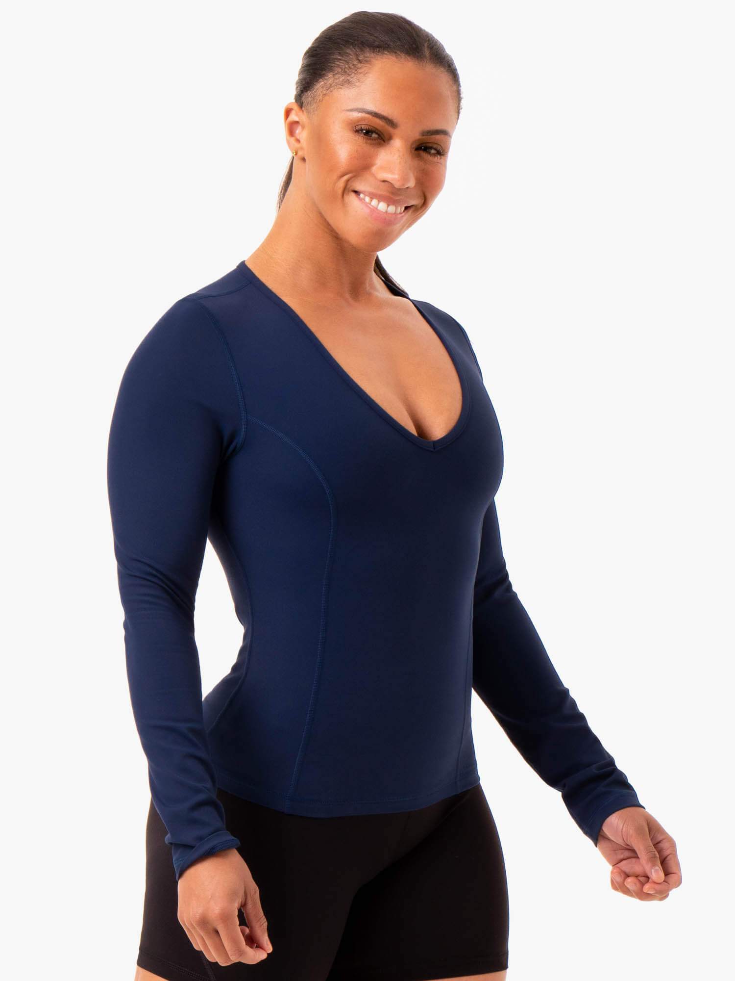 NKD Align Long Sleeve Workout Top for Women - Navy Blue Yoga Shirt for Gym, Running & Fitness Training