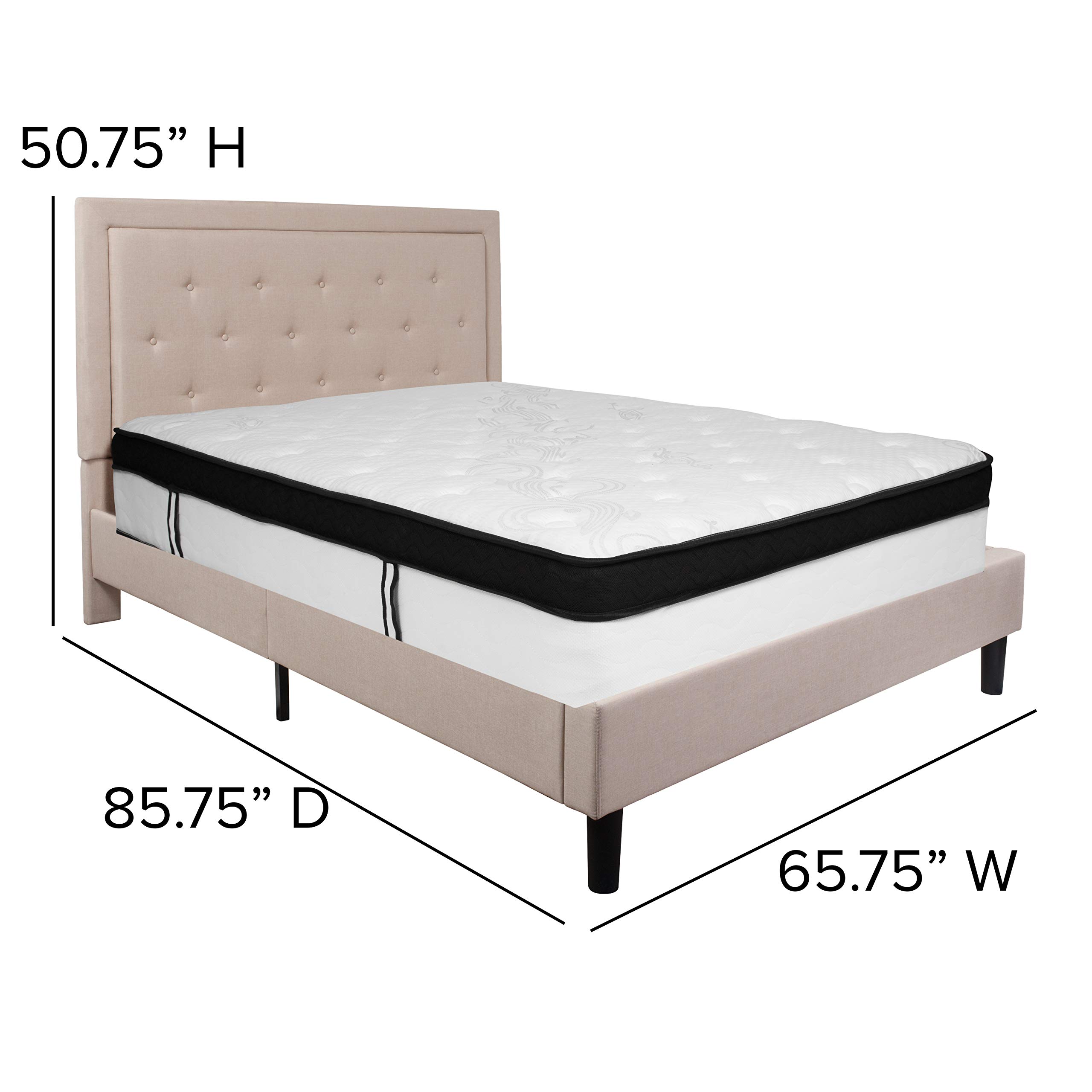 Emma & Oliver Queen Size Tufted Upholstered Platform Bed with Memory Foam Mattress - Beige Fabric Bedroom Set for Master Bedroom Decor