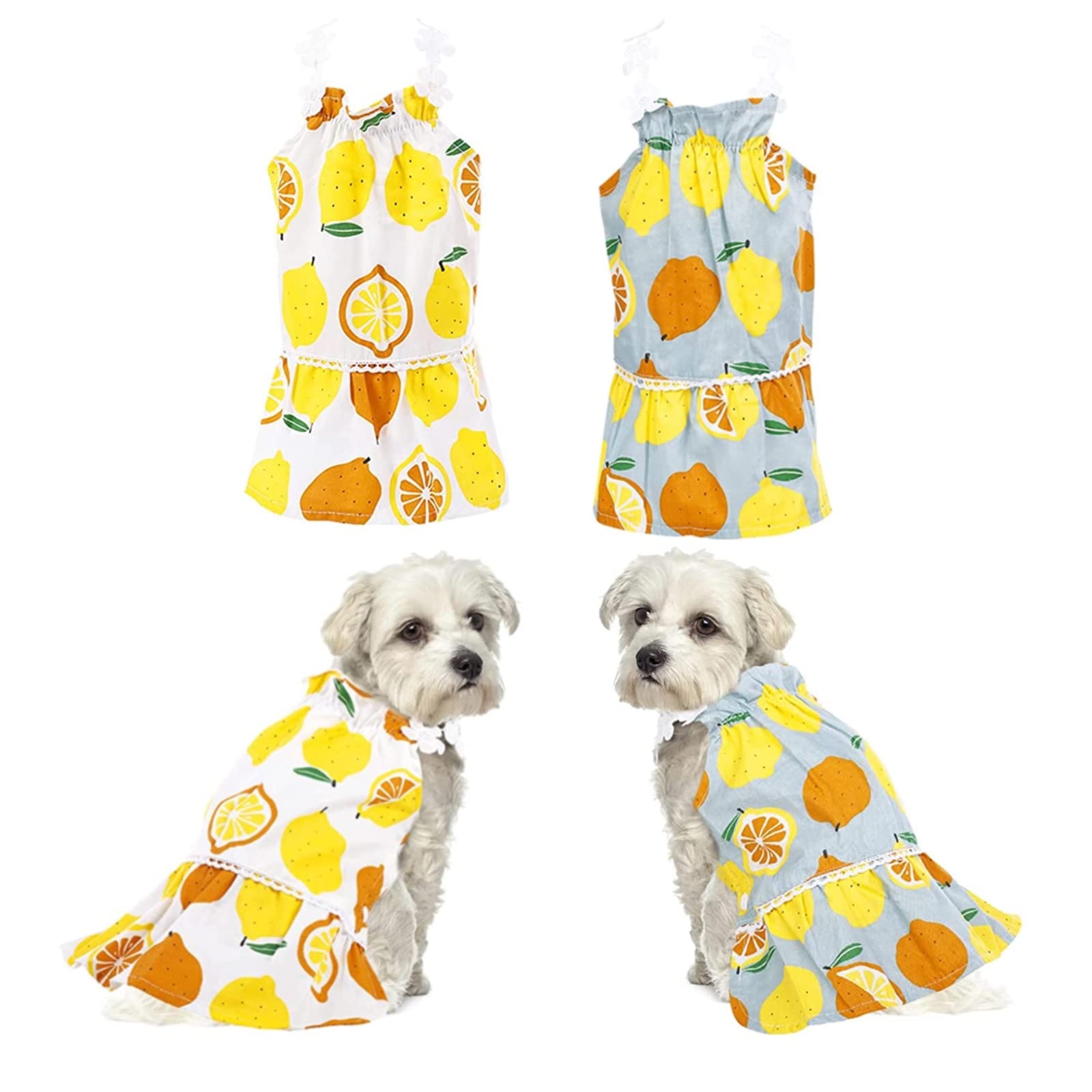 Letsqk 2 Pack Lemon Print Dog Dresses - Summer Pet Puppy Skirt Outfits with Lace & Ribbon for Small Medium Dogs & Cats | Perfect for Birthday Parties, Outdoor Walks & Photo Shoots