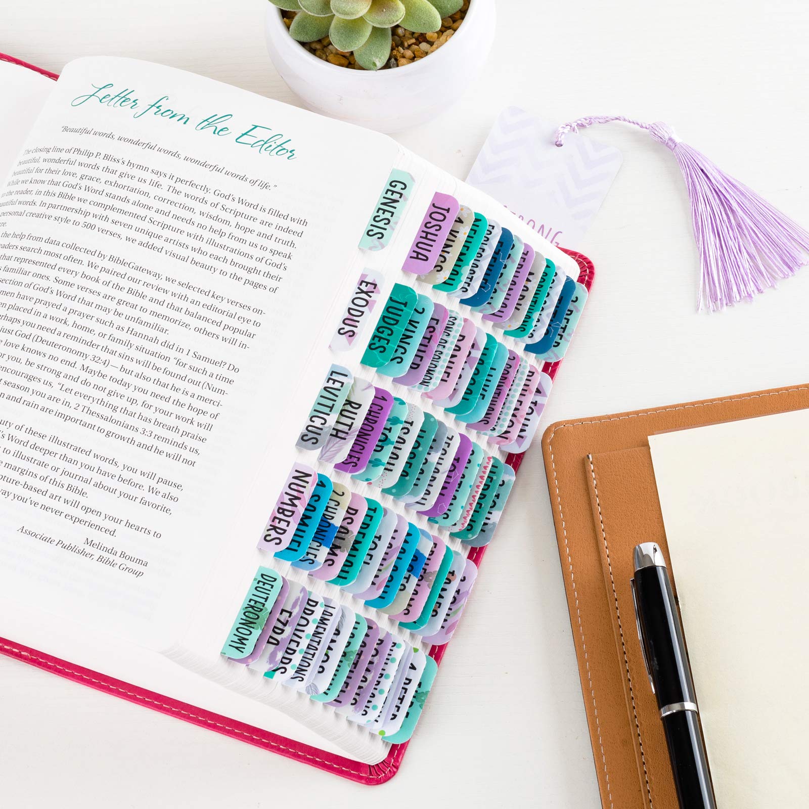 Large Print Laminated Bible Tabs for Women & Girls - 90 Colorful Old & New Testament Tabs with 24 Blank Tabs - Easy to Read Christian Gift for Bible Journaling, Study & Devotional Time