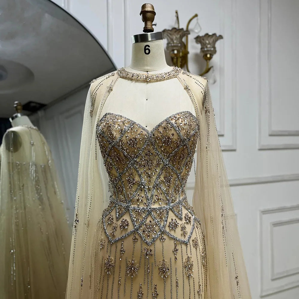Luxury Dubai Nude Saudi Evening Gown with Detachable Cape Sleeves - Mermaid Beaded Formal Dress for Wedding, Prom, Gala & Special Occasions LA72716