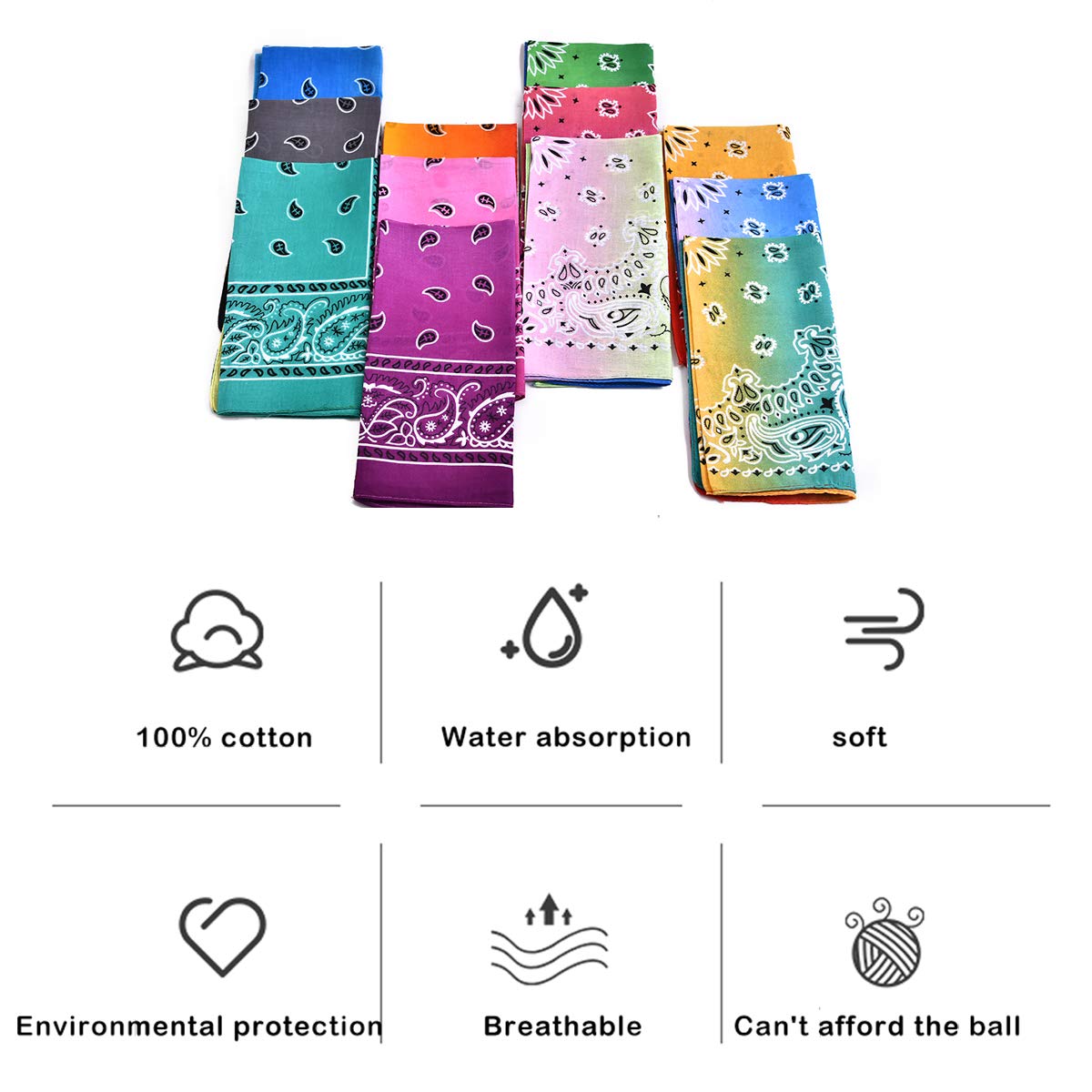 12 Pack Tie Dye Bandanas - 100% Cotton Paisley Print Bandanas for Men & Women, Gradient Color Fashion Headbands & Handkerchiefs - Perfect for Music Festivals, Western Outfits, and Outdoor Activities