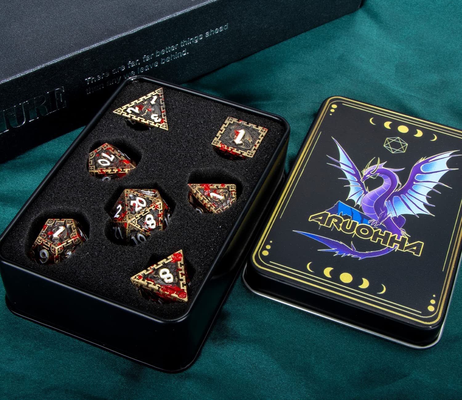 Premium Bronze Dragon Design Metal D&D Dice Set - Handmade Polyhedral Dice (D20, D12, D10, D8, D6, D4) with Gift Box for Dungeons & Dragons RPG, Tabletop Role Playing Games - Perfect for Fantasy Adventures, Campaigns & Collector Displays