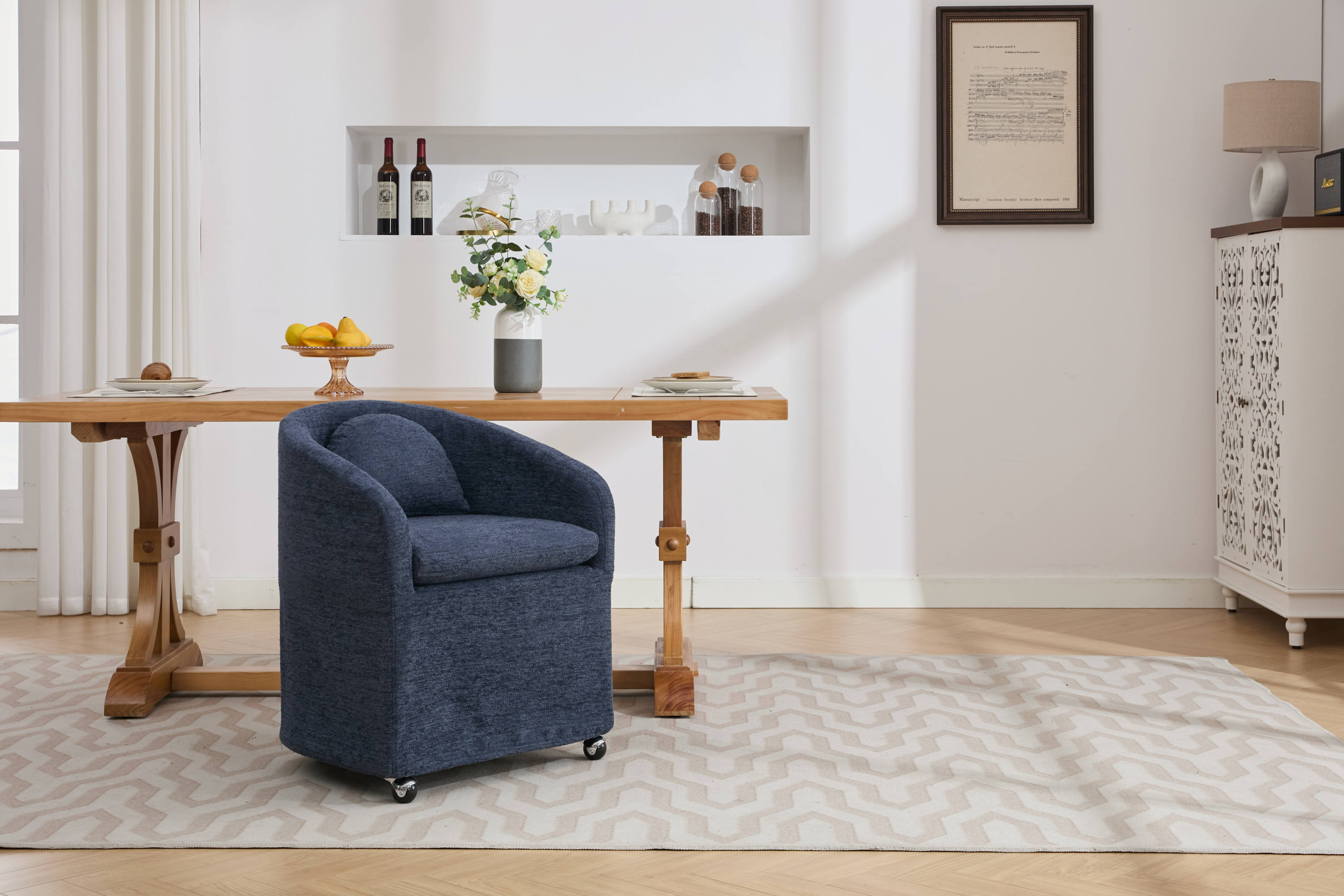 5-Piece Chenille Fabric Dining Armchair Set with Removable Back Cushion & Universal Wheels - Navy Blue - Comfortable Upholstered Chairs for Kitchen, Dining Room & Office Use