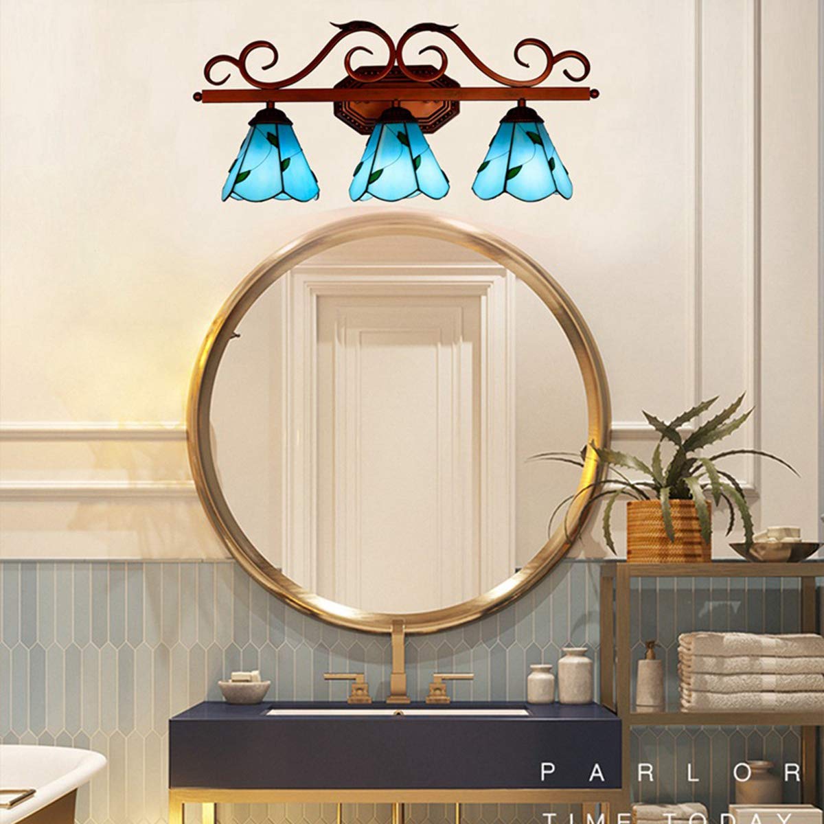 Tiffany Style Vanity Lights - 3-Light Wall Sconce with Mediterranean Blue Stained Glass for Makeup Mirror | Minimalist Bathroom Lighting & Bedroom Decor | Perfect for Dressing Rooms, Master Baths & Boudoir Vanity Areas