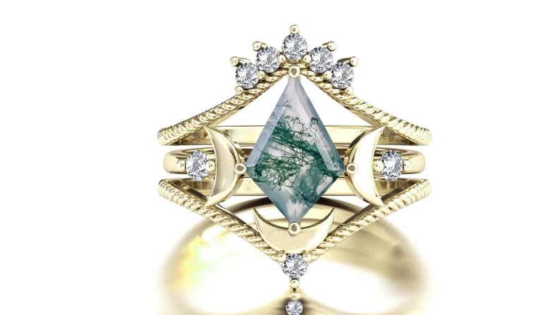 Antique Art Deco Moss Agate Engagement Ring Set – Vintage Kite Cut Wedding Band for Women | Unique Bridal Promise Rings for Romantic Proposals & Anniversary Gifts