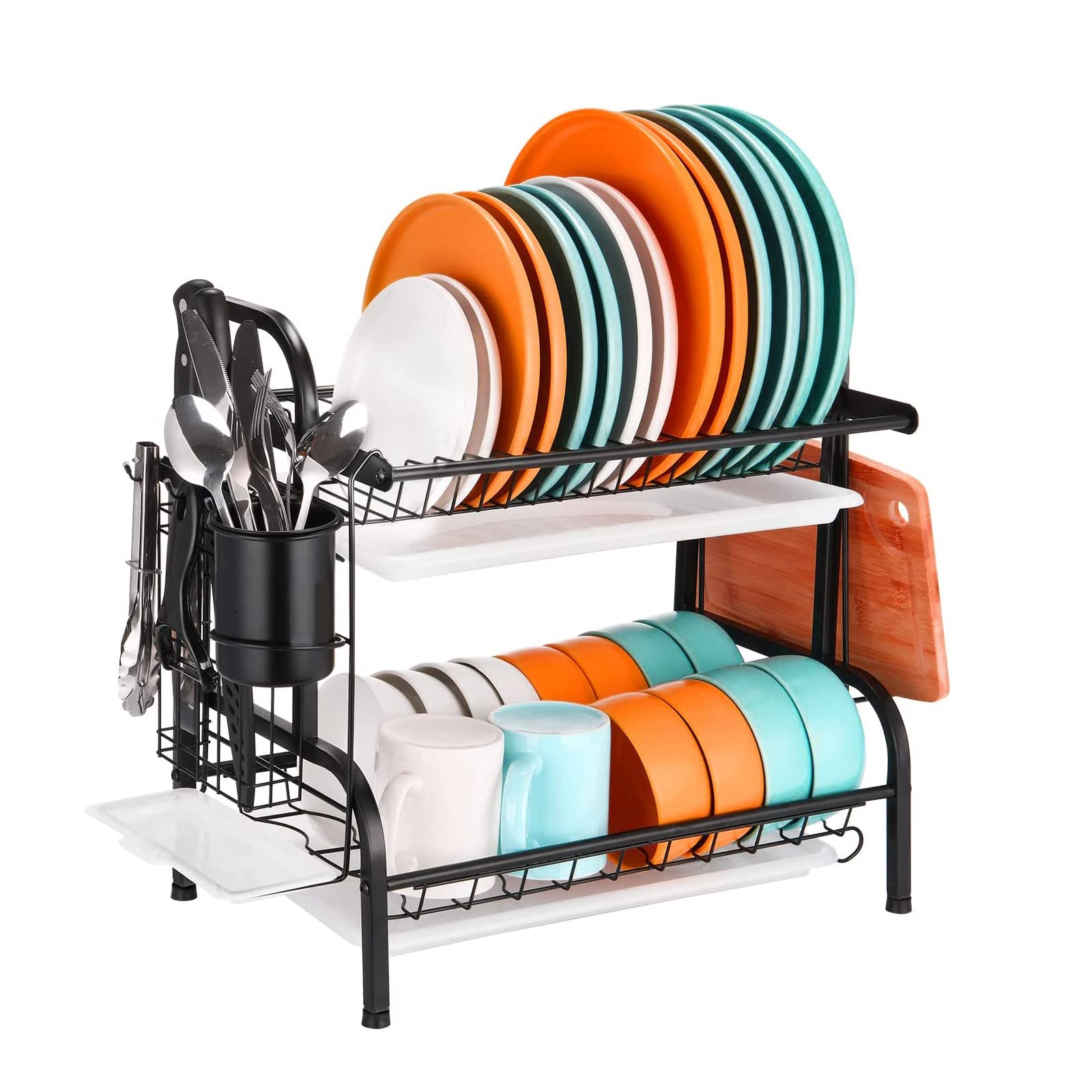 2 Tier Dish Drying Rack with Drainboard - Large Capacity Rust-Proof Kitchen Organizer with Cutting Board & Utensil Holders - Perfect for Countertop Storage & Small Space Kitchens