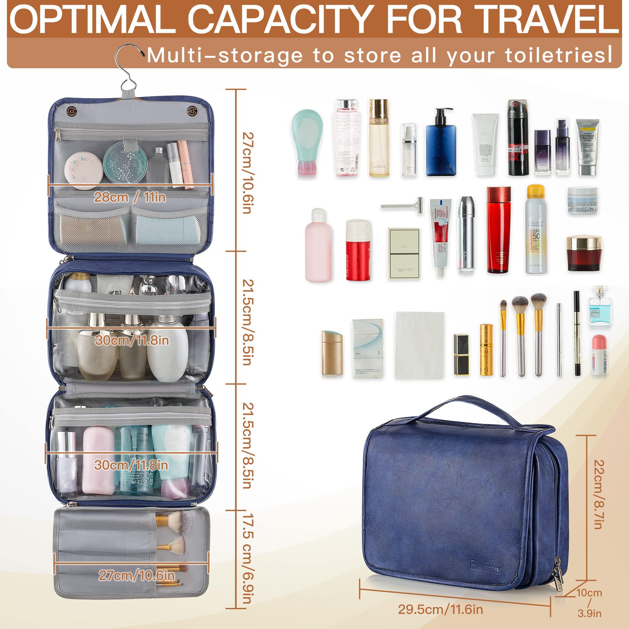 Elviros Hanging Travel Toiletry Bag for Men & Women - 3-in-1 Large Waterproof Makeup Organizer with PU Leather - Perfect for Bathroom, Camping & Air Travel Accessories Storage