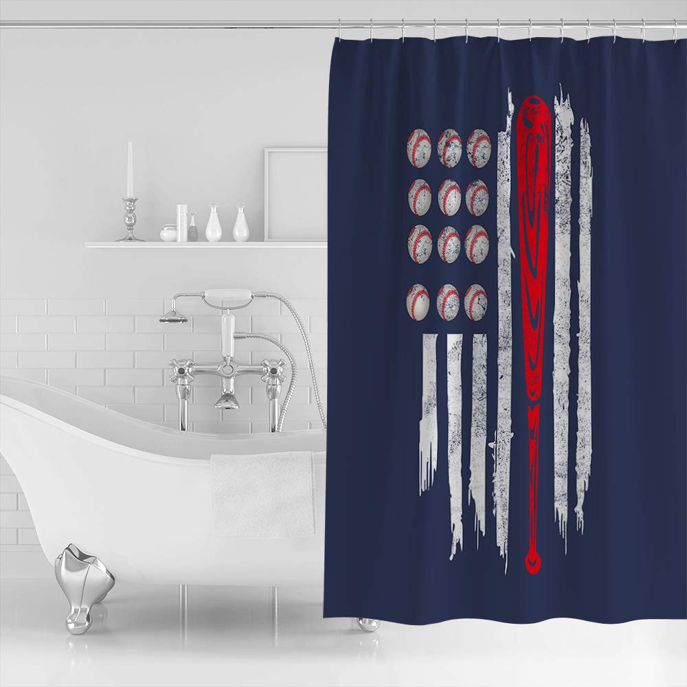 American Flag Baseball Design Bathroom Shower Curtain - Durable Waterproof Polyester Fabric with Plastic Hooks (54x78 inches) for Sports-Themed Home Decor | Perfect for Baseball Fans' Bathrooms, Game Day Parties & Patriotic Bedroom Themes