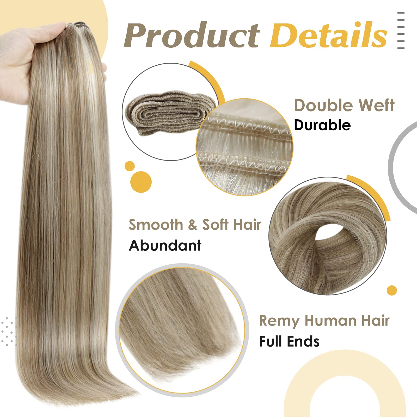 22 Inch Full Shine Weft Human Hair Extensions - Brazilian Remy Hair in Ash Blonde & Platinum Blonde Highlights (105g) | Straight Sew-In Weft for Volume & Length | Perfect for Weddings, Parties & Daily Styling