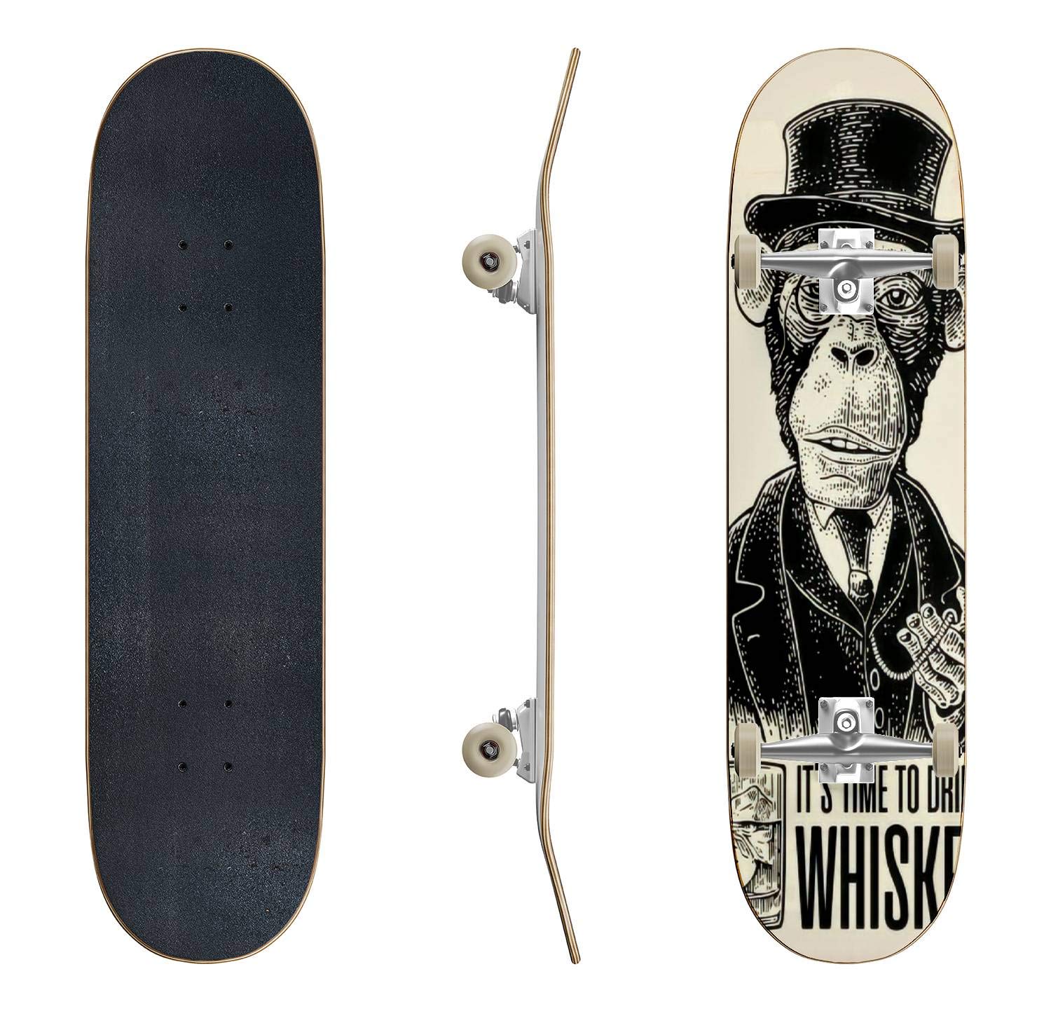 EFTOWEL Classic Concave Skateboard - Engraved Monkey Gentleman with Watch & Hat Design - Longboard for Beginners & Professionals - Perfect for Extreme Sports, Teen Gifts & Urban Commuting