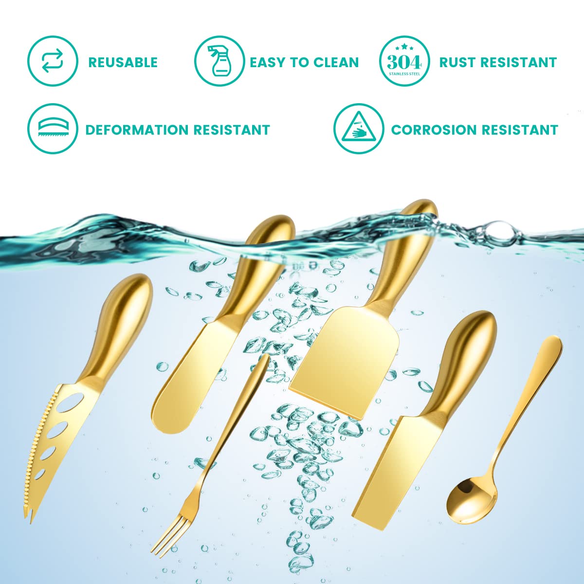 Premium Gold Cheese Knife Set - Stainless Steel Cheese Slicer & Butter Spreader with Serving Tongs, Spoons, Forks, Flags & Honey Dipper - Perfect for Charcuterie Boards, Cheese Platters & Gourmet Entertaining