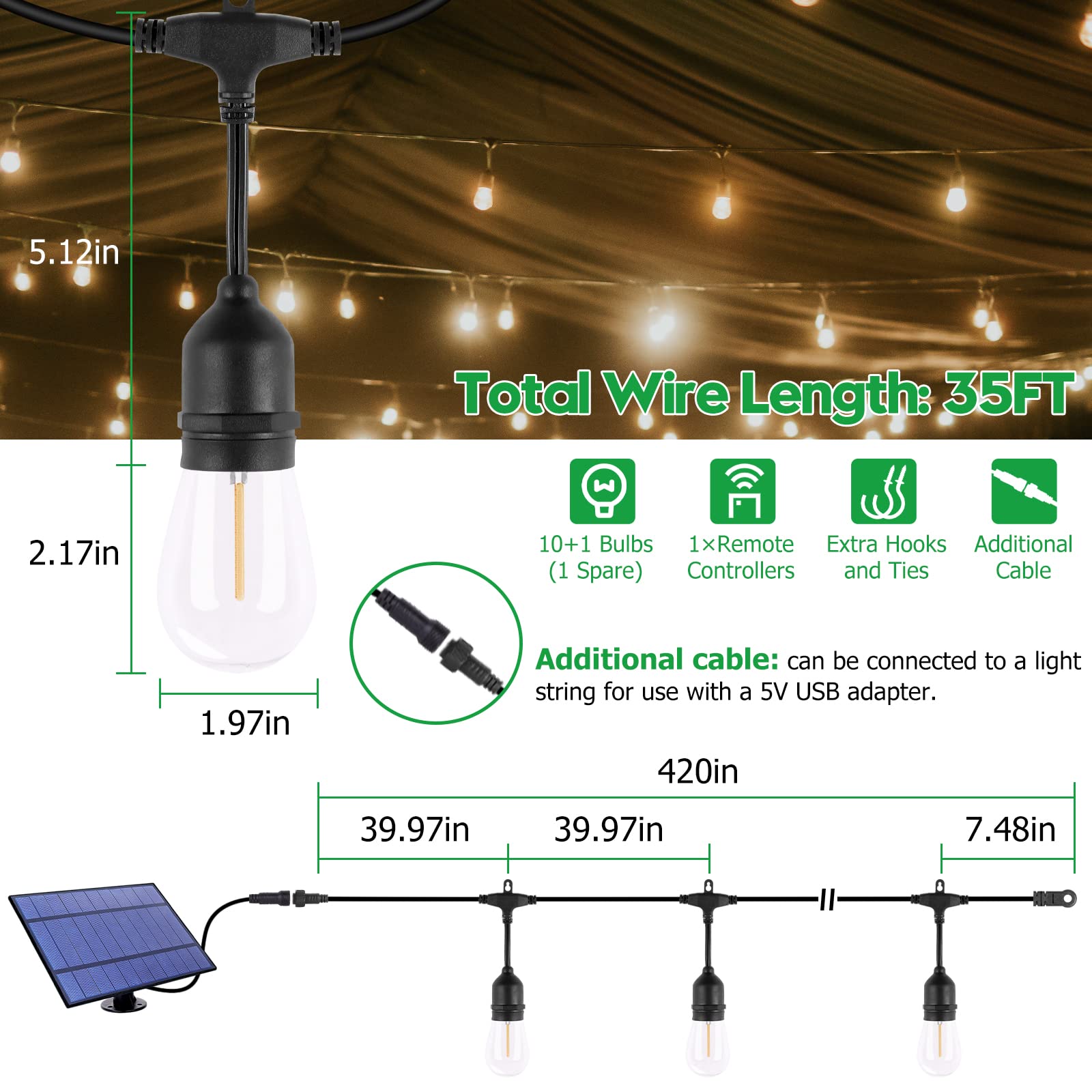 35FT Solar String Lights Outdoor Waterproof - Commercial Grade IP65 LED Solar Powered Patio Lights with S14 Shatterproof Sockets - Perfect for Garden, Backyard, Wedding, Party, and Holiday Decorations