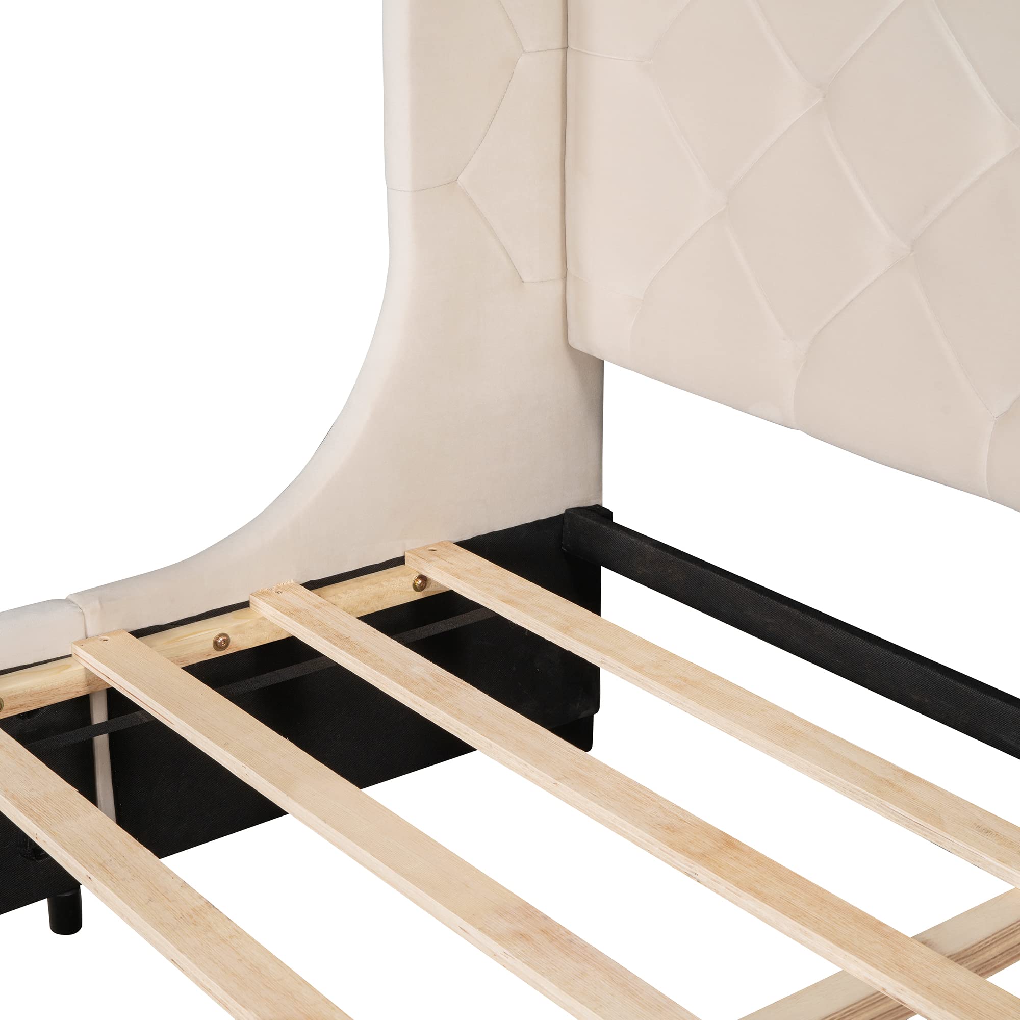 Merax Queen Size Storage Bed with Drawer - Velvet Upholstered Platform Bed Frame with Wingback Headboard & Wooden Slat Support | Beige Bedroom Furniture for Small Spaces & Guest Rooms