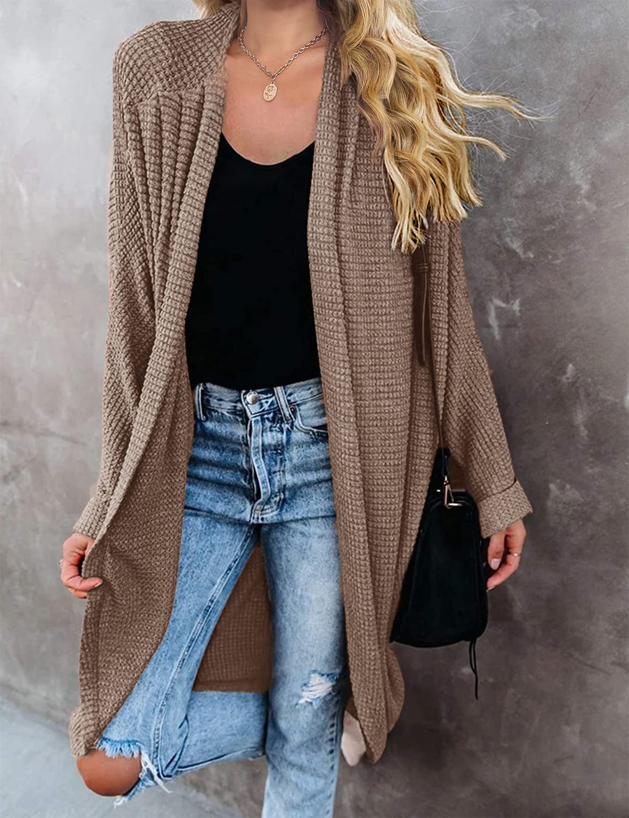 MEROKEETY Women's 2025 Fall Waffle Knit Batwing Long Sleeve Cardigan - Loose Open Front Sweater Coat for Casual Outfits & Layering in Cool Weather