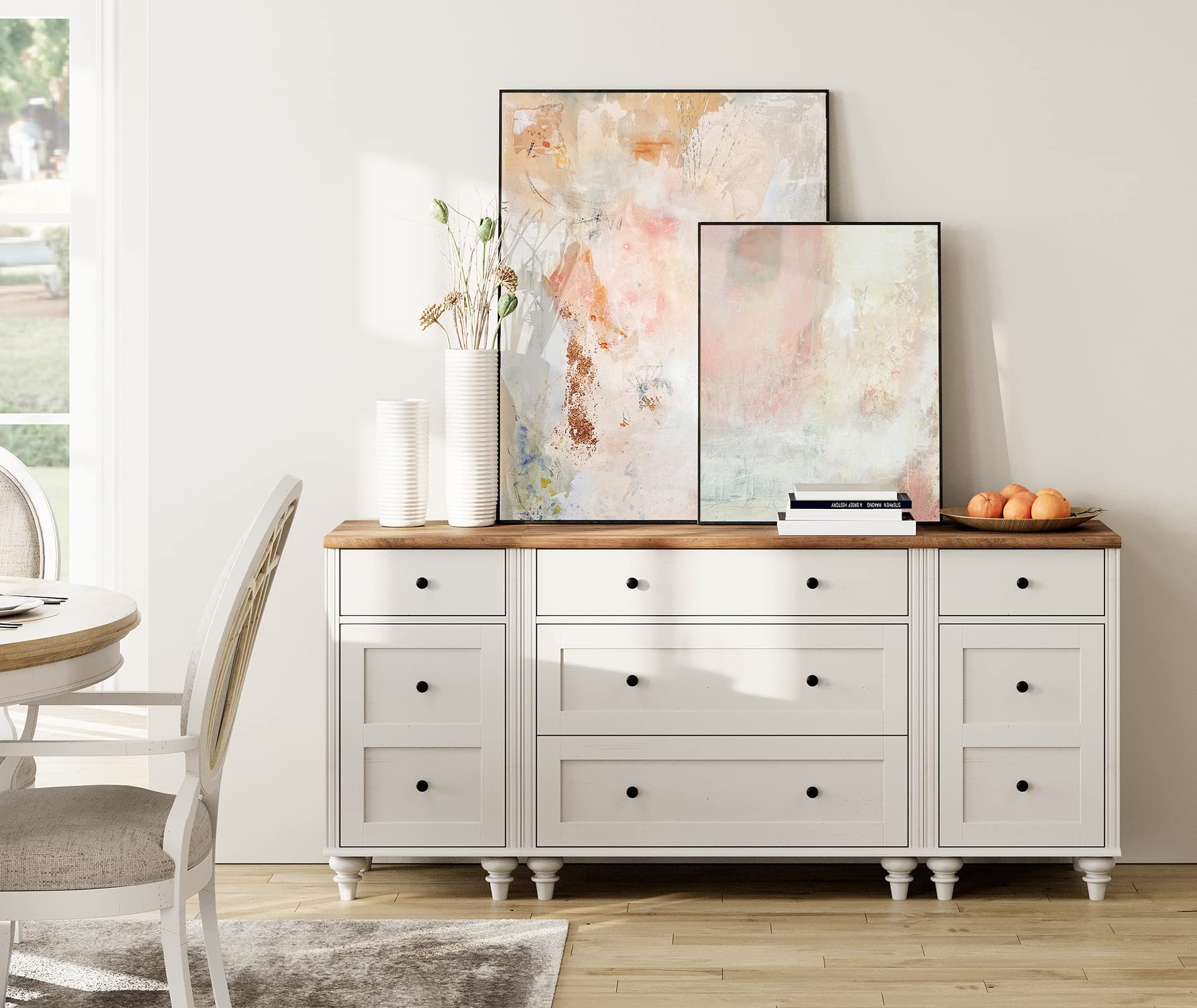 Mid Century Modern White Wooden Dresser with 5 Drawers & 2 Storage Cabinets - Bedroom Chest with Charging Station, Nursery Dresser for Kids, Living Room Nightstand - Perfect for Small Spaces & Home Organization