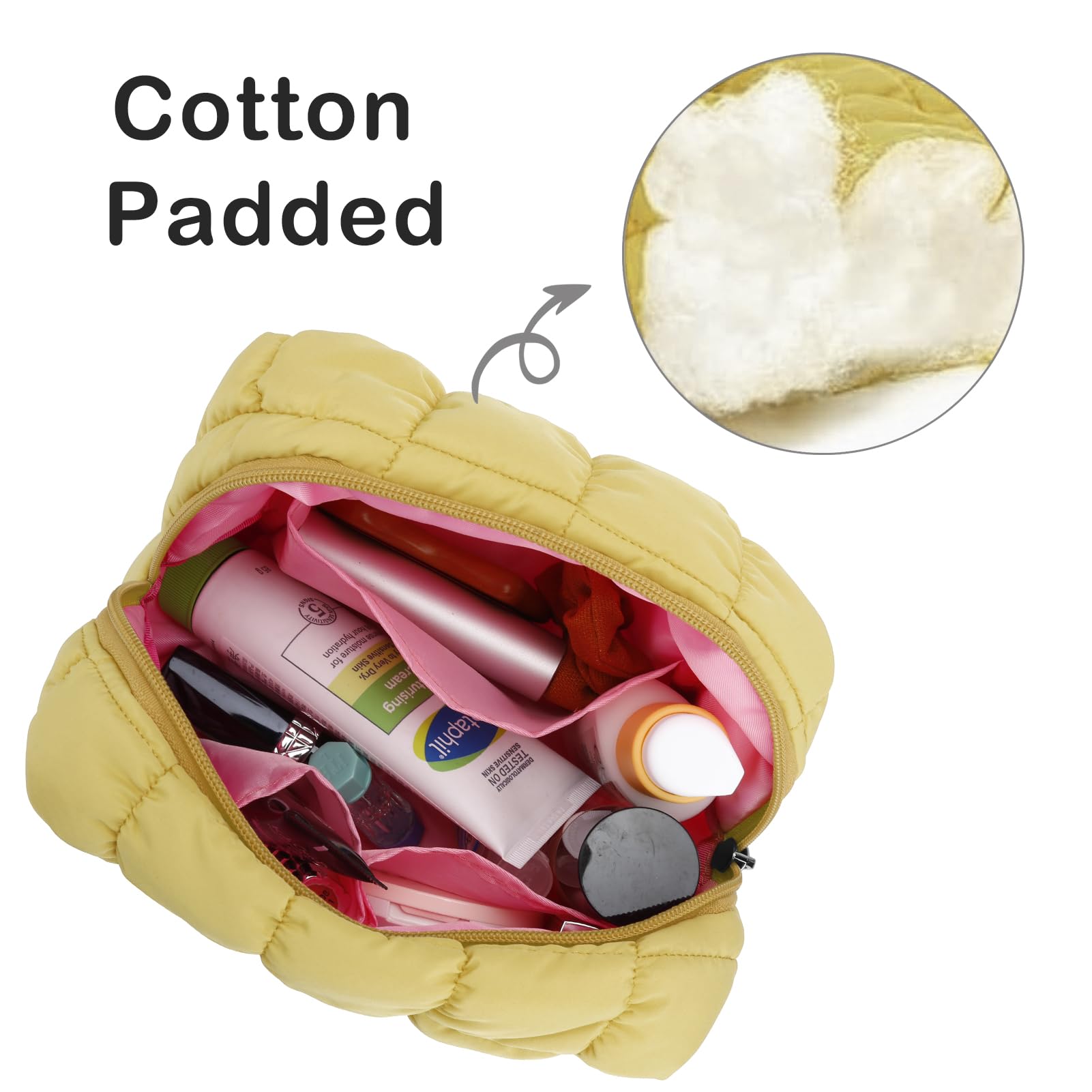E-Tree Cute Quilted Makeup Bag - Waterproof Cosmetic Pouch for Travel & Purse Organization - Checkered Toiletry Zipper Case (Yellow) - Perfect for Daily Makeup Storage, Gym Essentials & Weekend Getaways