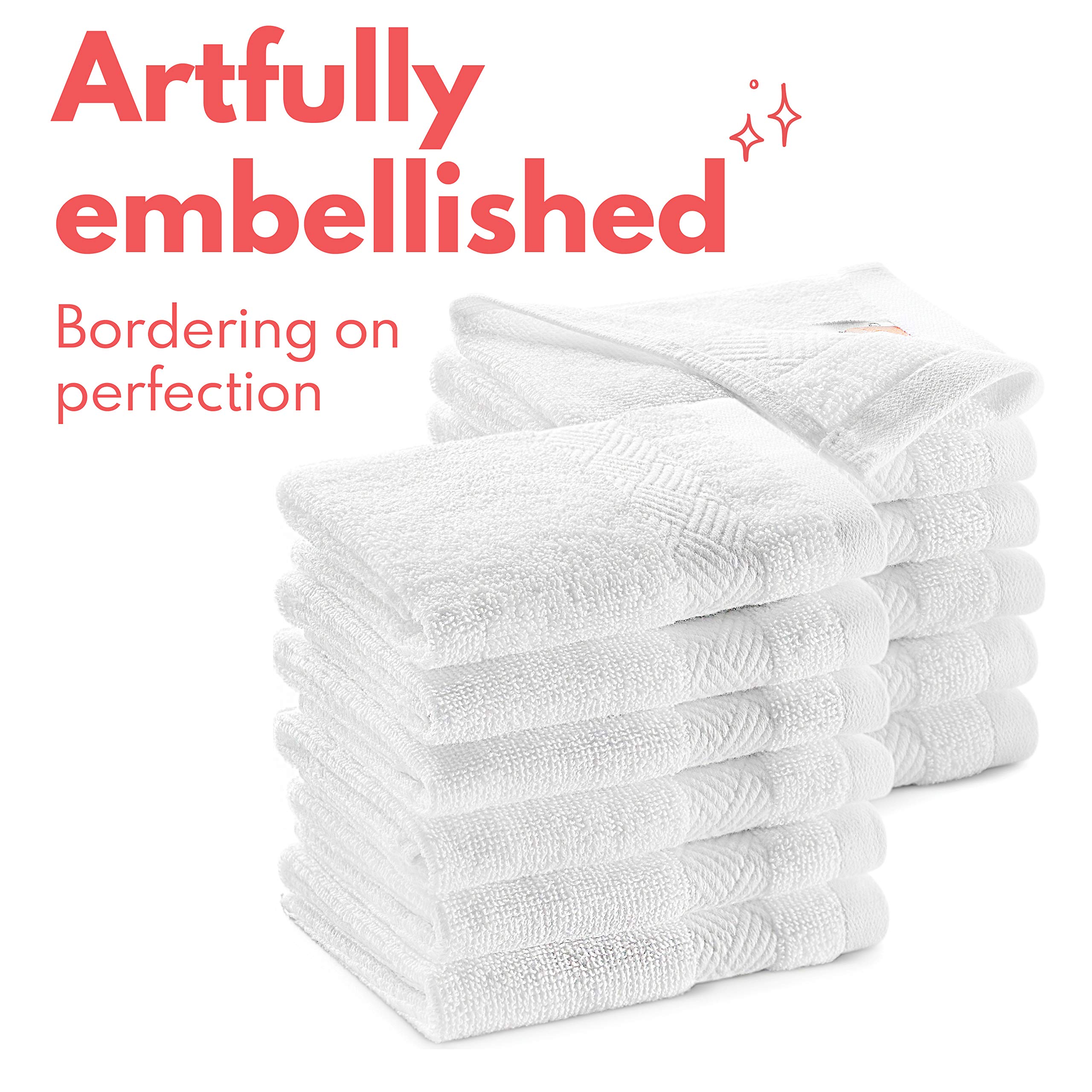 Alibi Washcloth Face & Body Towel Set - 12 Pack Soft & Absorbent 13”x13” Luxury Cotton Small Towels | Thick Plush Bath Towels with Decorative Stripe & Woven Border | Machine Washable for Home, Hotel & Spa Use | Perfect for Skincare, Baby Care & Travel Essentials | White