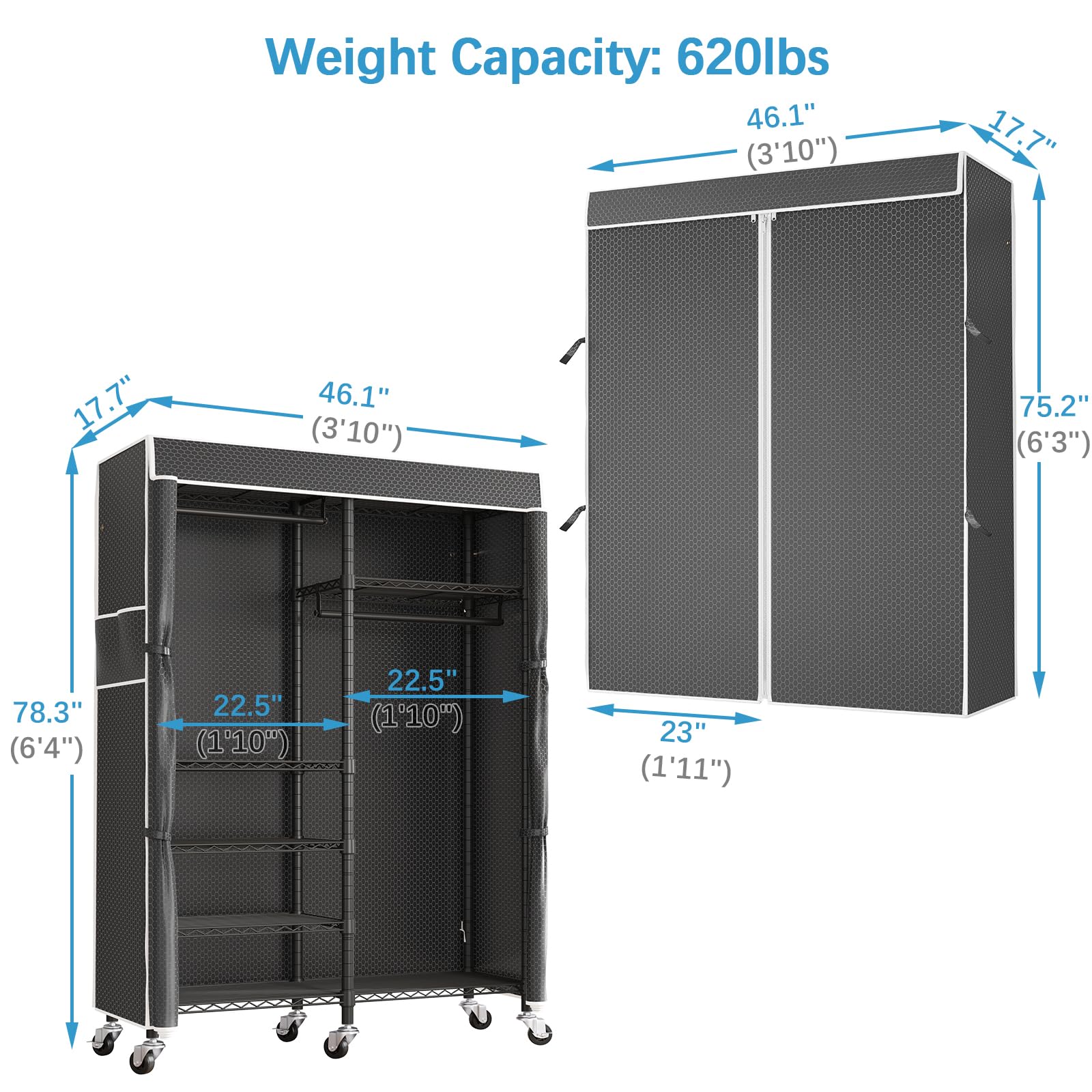 VIPEK R4C Heavy Duty Portable Closet Rolling Clothes Rack - Adjustable Metal Garment Rack with Lockable Wheels & Black Polyester Cover (620lbs Capacity) - Perfect for Home Storage, Closet Organization, Laundry Room, and Commercial Use