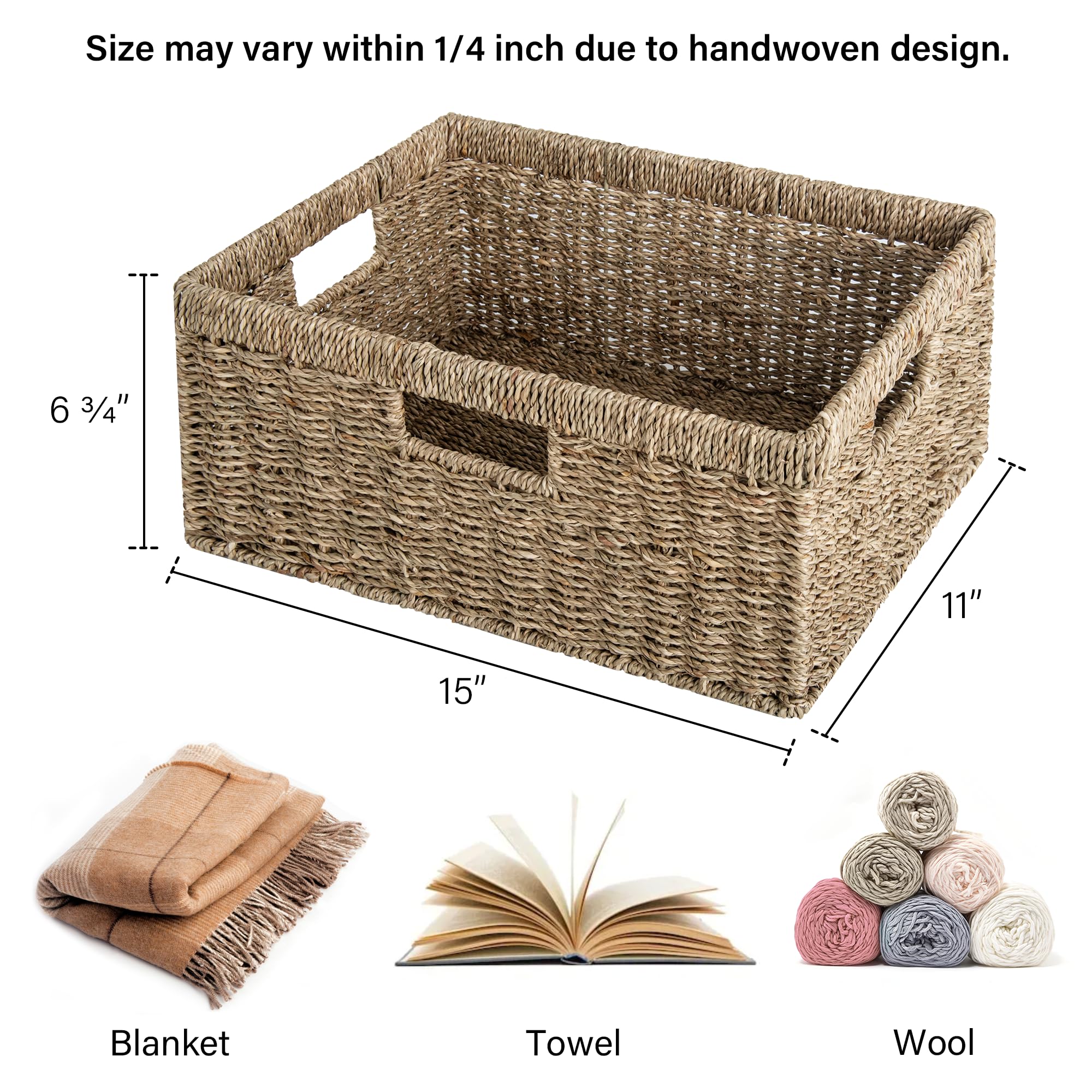 StorageWorks Large Wicker Storage Basket - Natural Seagrass Rectangle Basket with Sturdy Built-in Handles | Handwoven Rattan Organizer for Blankets, Toys & Home Decor | Perfect for Living Room, Bedroom & Nursery Organization (1 Pack)