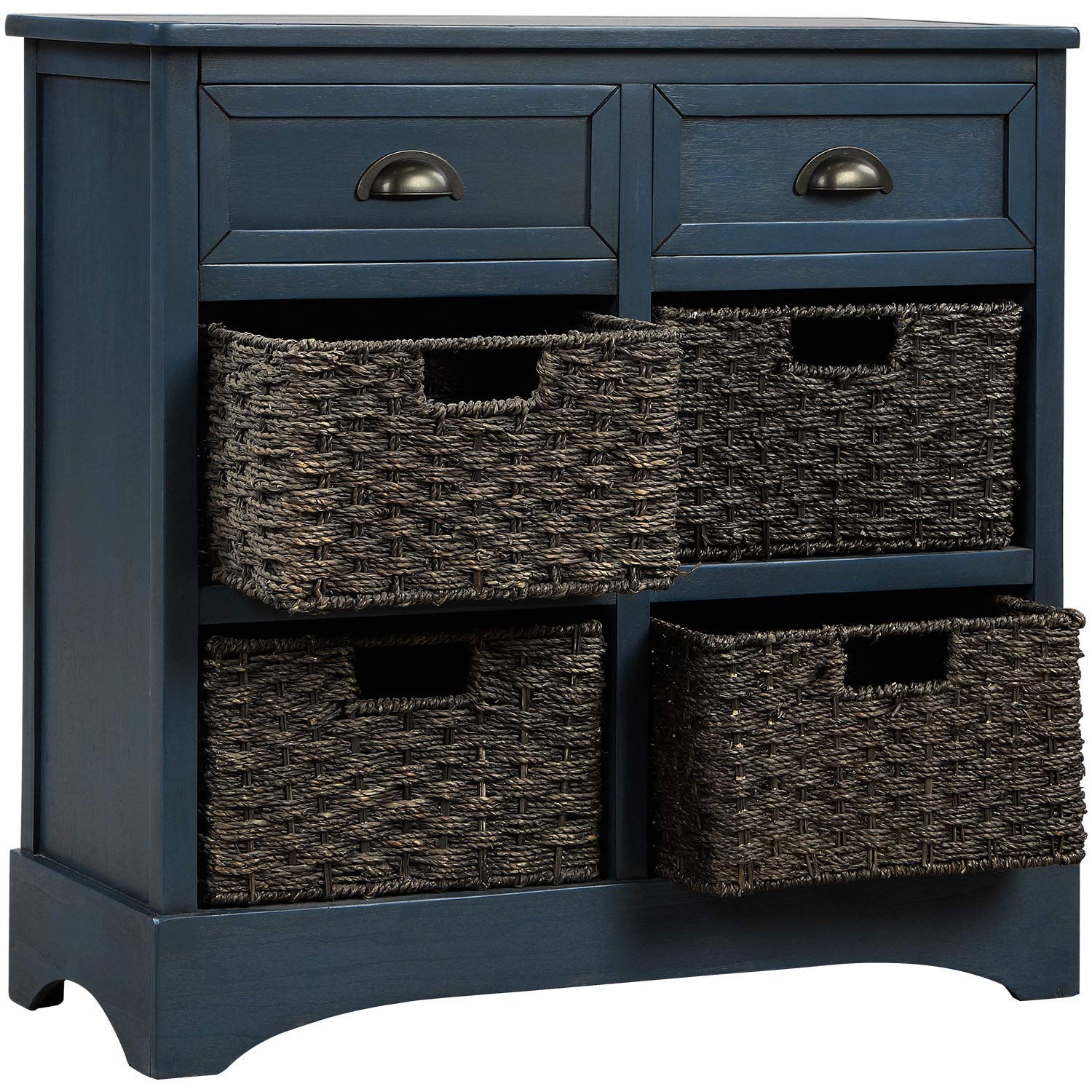 Antique Navy Console Table Sideboard Buffet with 2 Drawers & 4 Wicker Baskets - Storage Cabinet for Kitchen, Living Room & Dining Room - Perfect for Home Decor, Entryway Organization & Farmhouse Style Accent Furniture