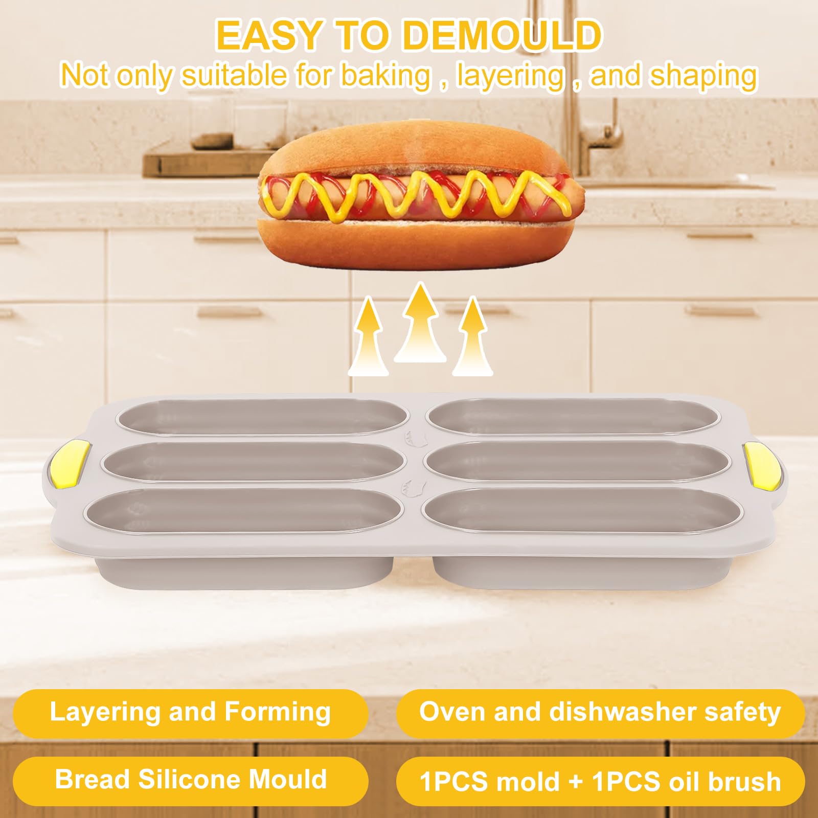 Nonstick Silicone Baguette Pan - 6-Cavity Perforated Baking Tray for French Bread, Hot Dog Buns & Sandwiches | Oven-Safe Bread Mold in Nordic Brown | Perfect for Home Baking, Restaurants & Bakeries