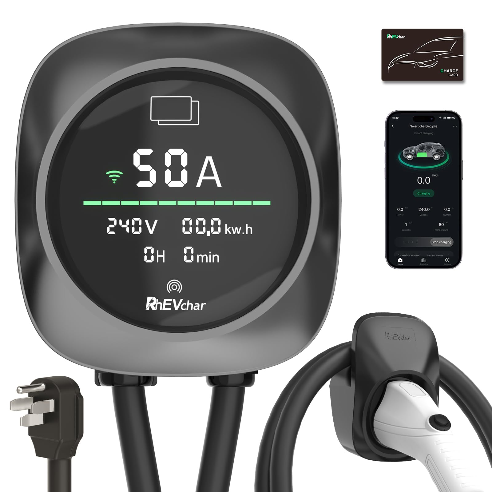 Smart WiFi Level 2 EV Charger 50 Amp - 240V J1772 Home Electric Vehicle Charging Station with App Control (NEMA 14-50 Plug/Hardwire) - Perfect for Home & Garage Charging