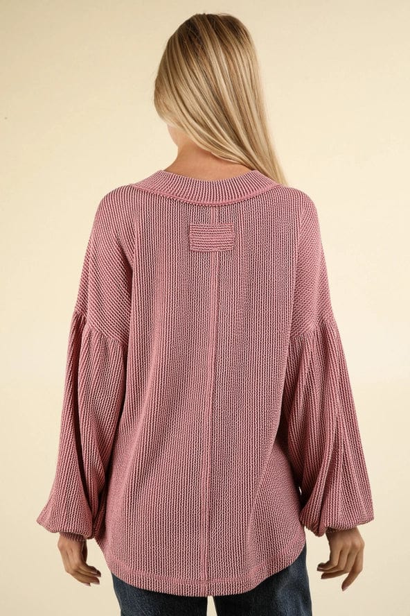 Pink Oversized Ribbed V-Neck Long Sleeve T-Shirt for Women | Soft Stretchy Comfort Fit | Casual Wear, Layering & Everyday Outfits