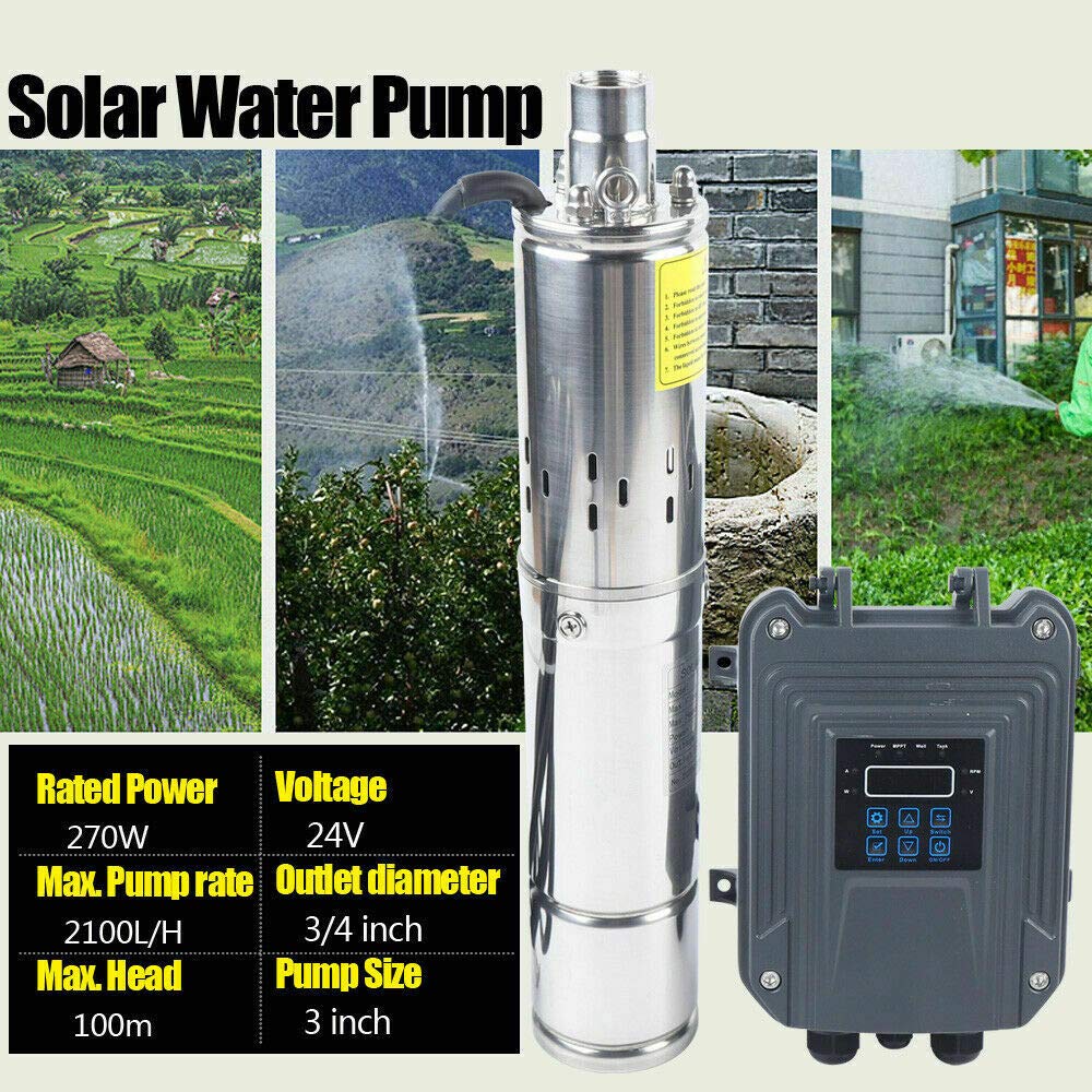 24V 270W DC Solar Water Pump Submersible Well Pump Stainless Steel with MPPT Controller - 2100L/H Max Flow for Home, Farm & Industrial Use | Irrigation, Livestock Watering & Off-Grid Water Supply