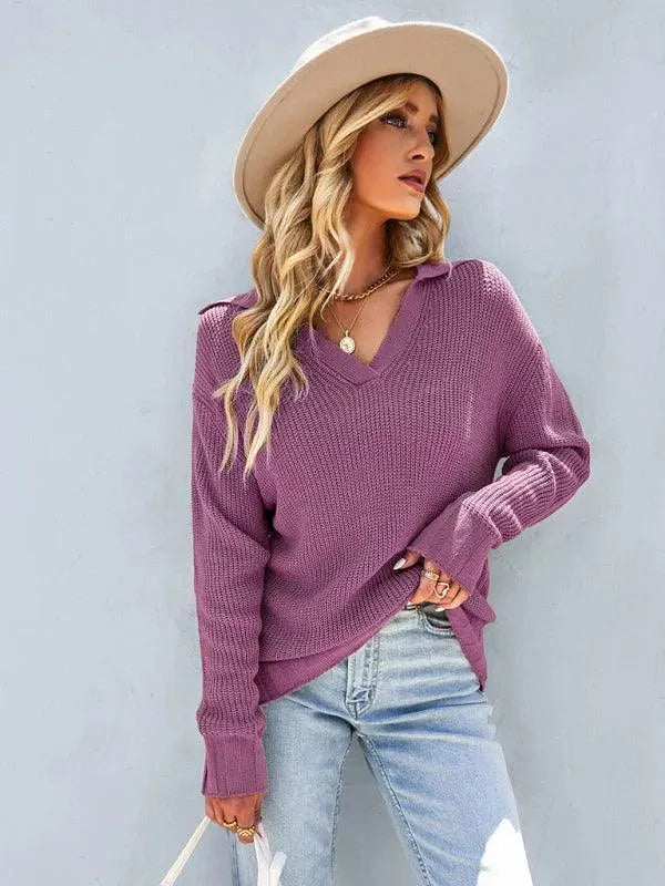 Women's V-Neck Polo Sweater Top - Soft & Stylish Knit Pullover for Casual Wear, Office & Layering