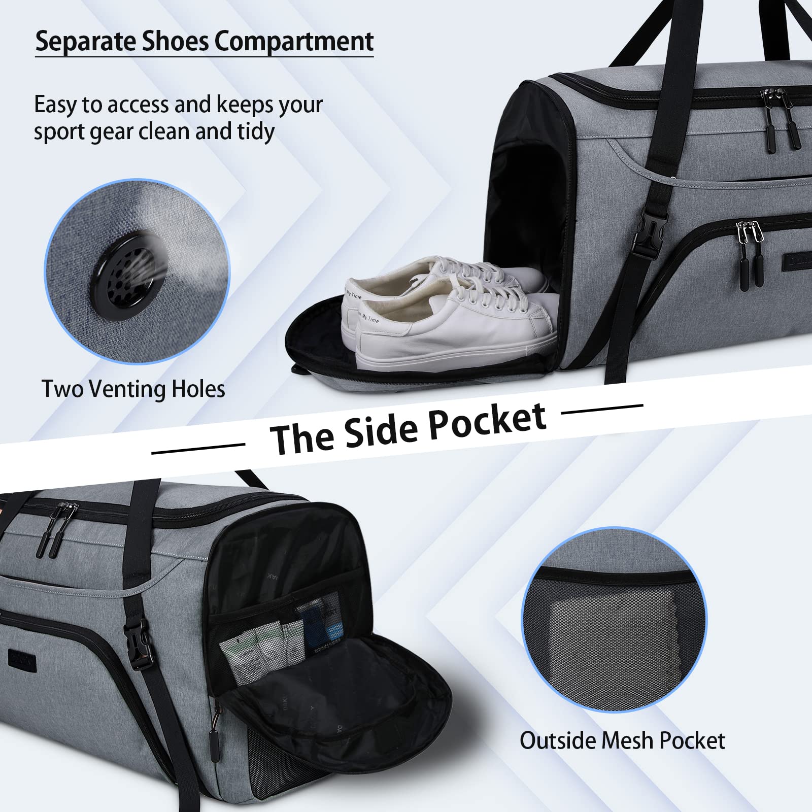 40L Waterproof Gym Duffle Bag for Women & Men - Sports Travel Duffel with Shoe Compartment & Wet Pocket - Large Weekender Overnight Bag with Toiletry Bag (Grey) - Perfect for Gym, Travel & Weekend Getaways