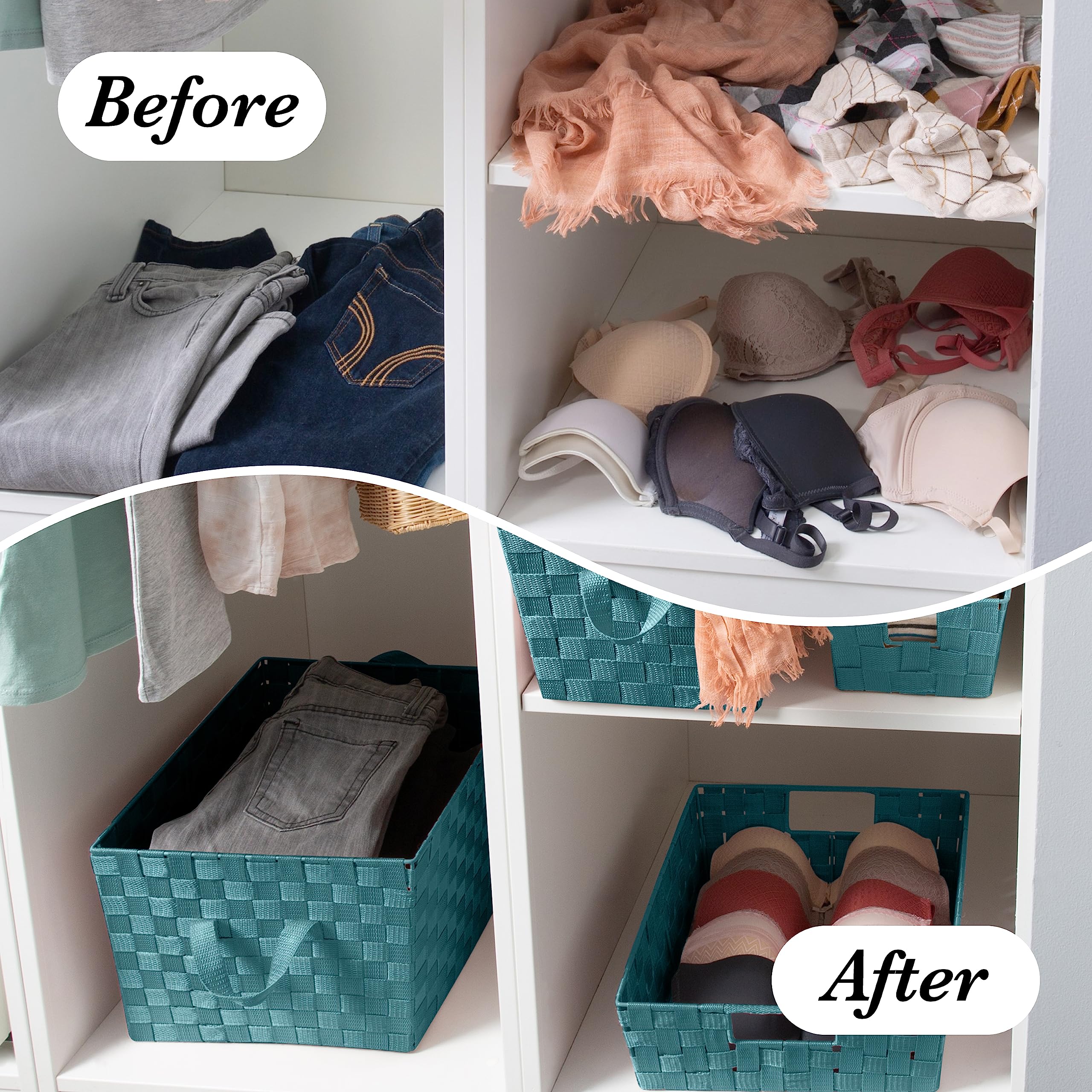 Simplify Small Shelf Woven Strap Tote - Decorative Storage Basket with Built-in Handles | 4-Pack Organizer for Closet, Bedroom, Bathroom & Nursery | Perfect for Accessories, Toys & Gifts | Sapphire Blue Home Decor