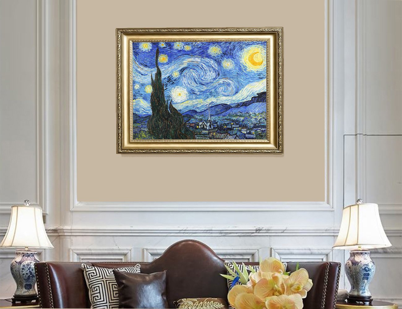 ELITEART Van Gogh Starry Night Oil Painting Reproduction - Giclee Canvas Wall Art Print, Framed Size 25 3/8