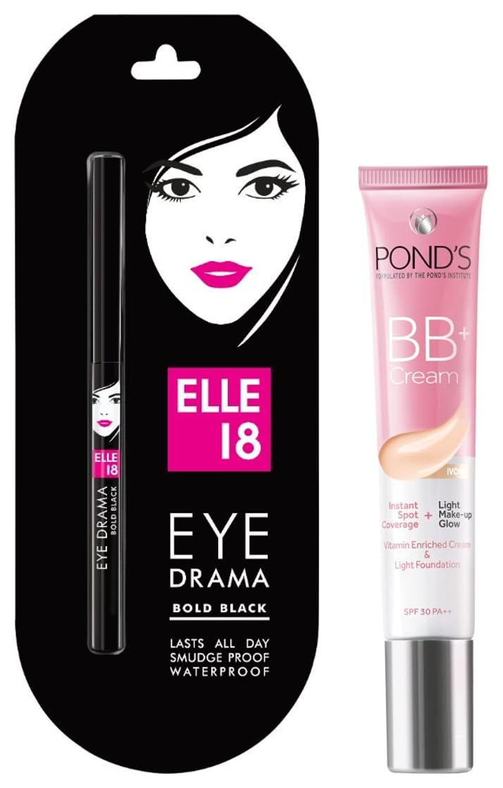 Elle 18 Eye Drama Kajal - Bold Black 0.35g & Pond's White Beauty BB+ Fairness Cream 01 Original 18g - Matte Finish | Perfect for Everyday Makeup & Skin Brightening